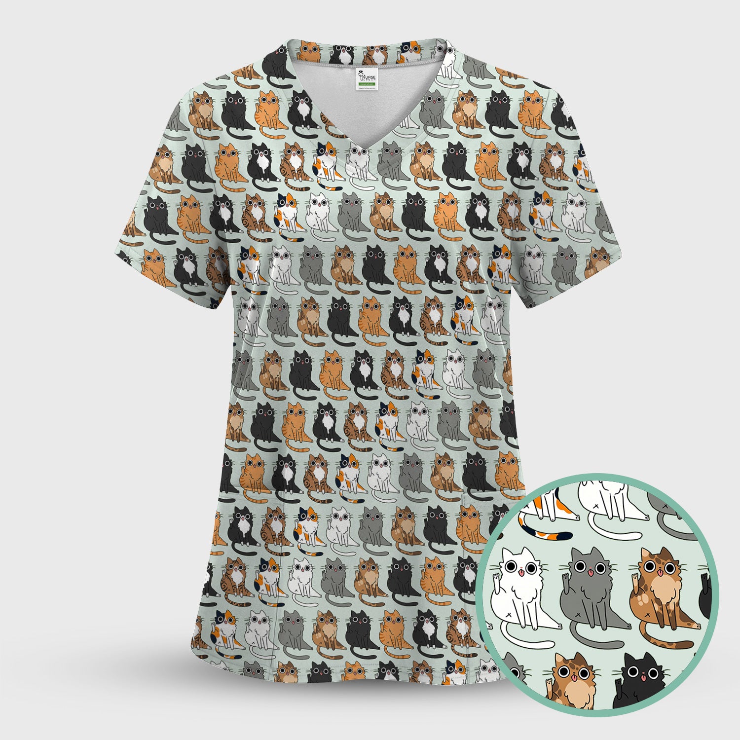 Cute Cartoon Cat Pattern Scrub Top, Comfortable Scrubs for Nurses