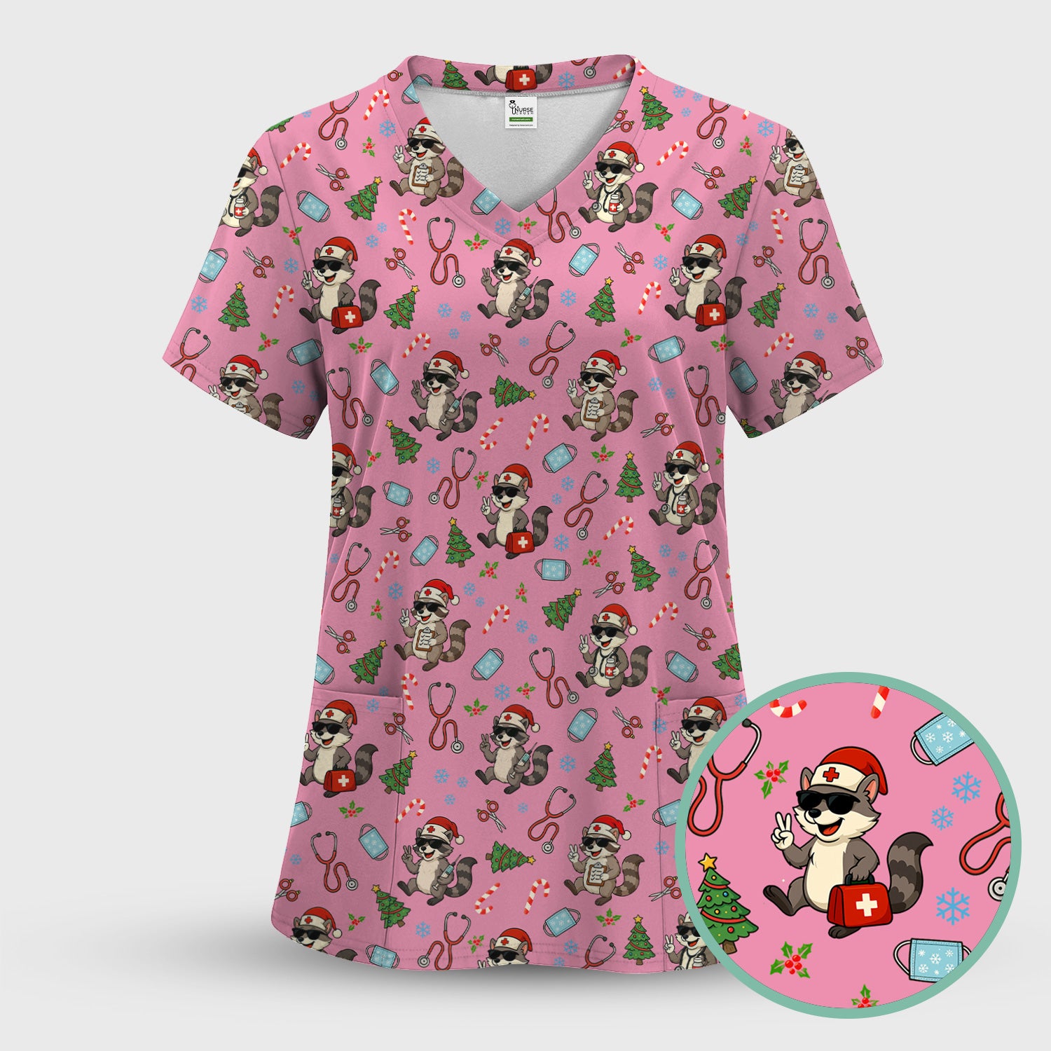 Funny Christmas Nurse Scrub Set - Raccoon Pattern with Santa Hat, Stethoscope and Tree - Cute Holiday Medical Scrubs Pants and Top Gift for RN CNA LPN