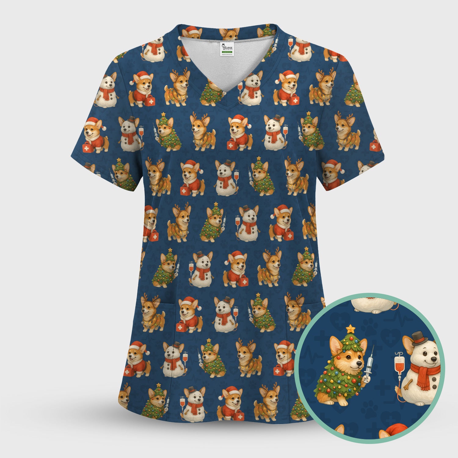 Cute Christmas Corgi Scrubs - Festive Pattern Scrub Top for Women - Cozy Holiday Nurse Scrubs Gift for Dog Lovers