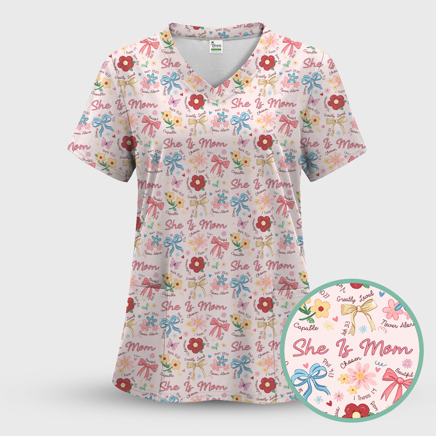 She Is Mom Floral Bow Pattern Scrub Top, Comfortable Scrubs for Nurses