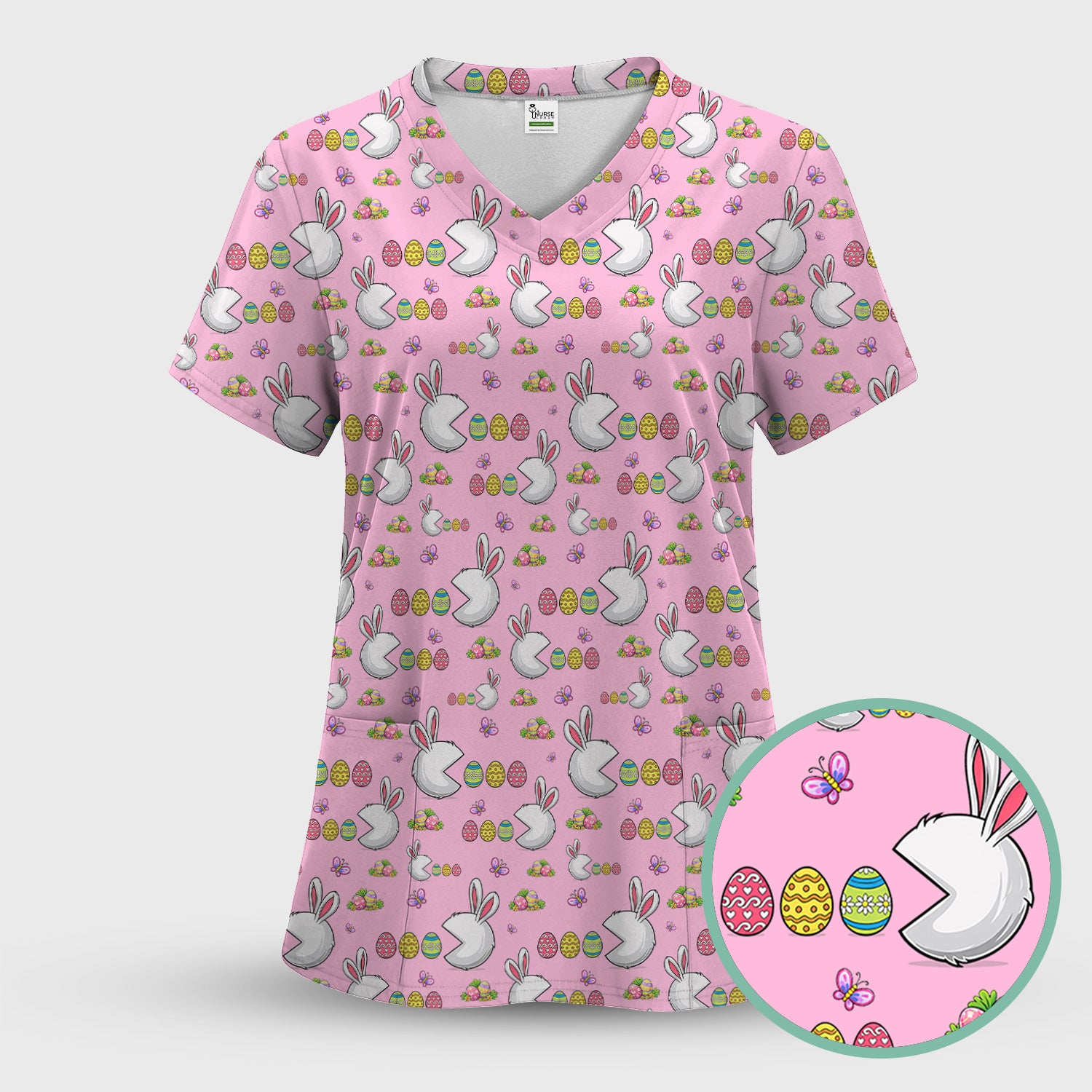 Easter Bunny and Colorful Eggs Print Scrub Top, Breathable Fabrics Nursing Uniform