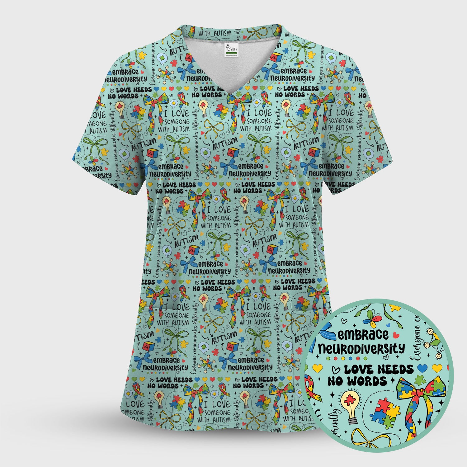 Autism Awareness Puzzle Ribbon Pattern Scrub Set, Scrub Pants and V Neck Top