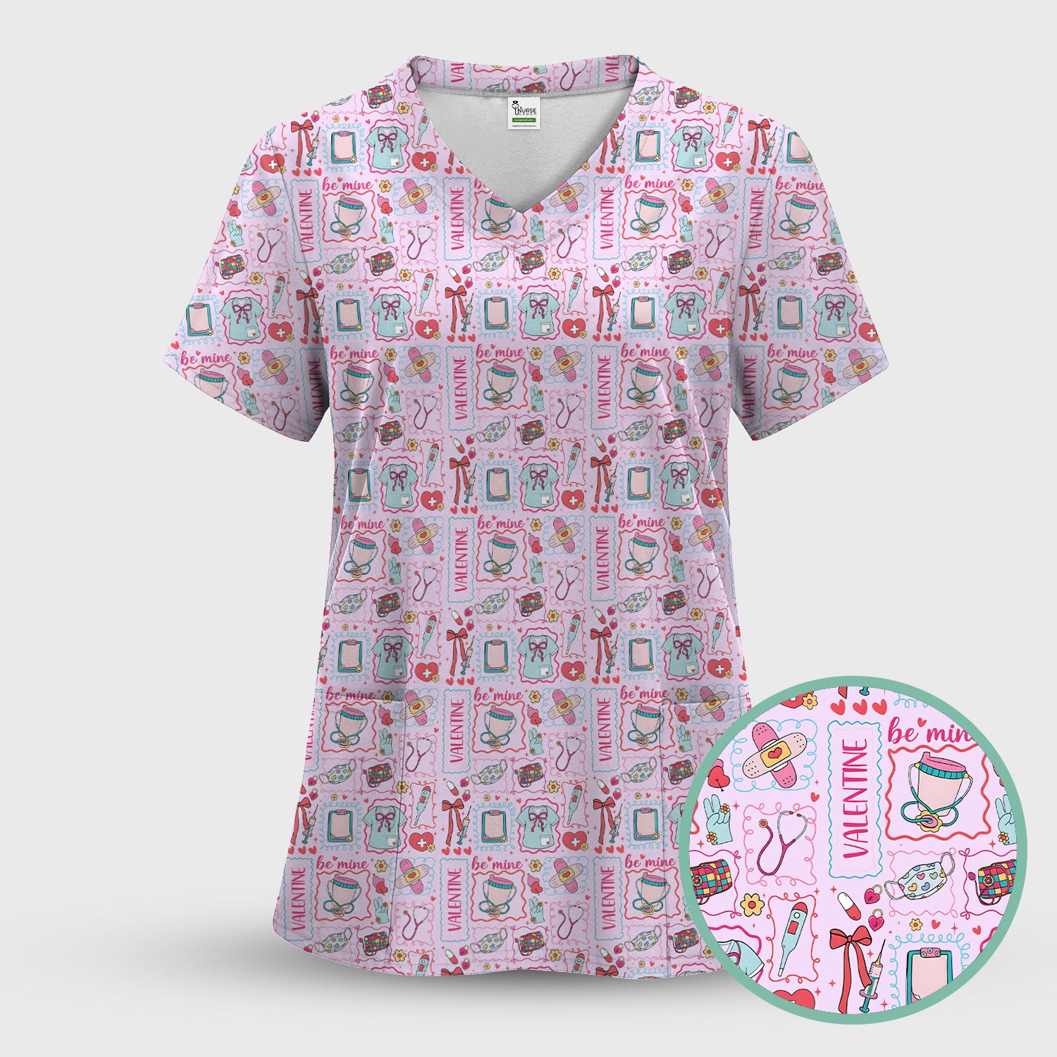 Valentine Medical Hearts Bandages Syringes Scrub Top, Comfortable Scrubs for Nurses