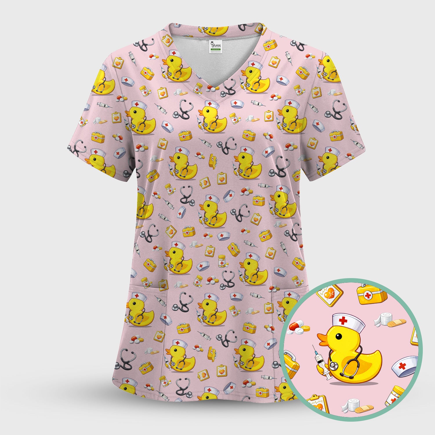 Playful Medical Duck Print Nurse Scrub Top, Comfortable Scrubs for Nurses