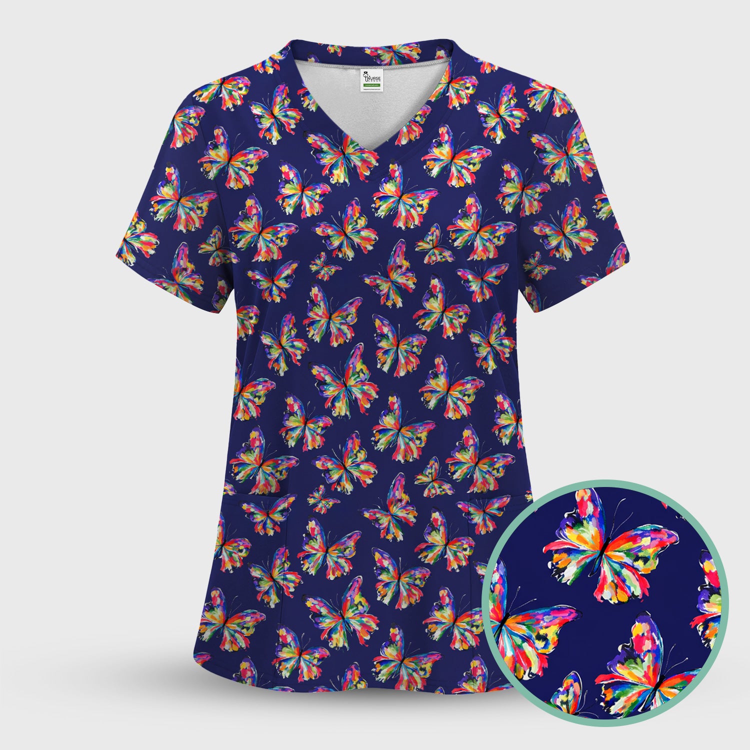 Vibrant Rainbow Butterfly Pattern Scrub Set, Scrub Pants and V Neck Top