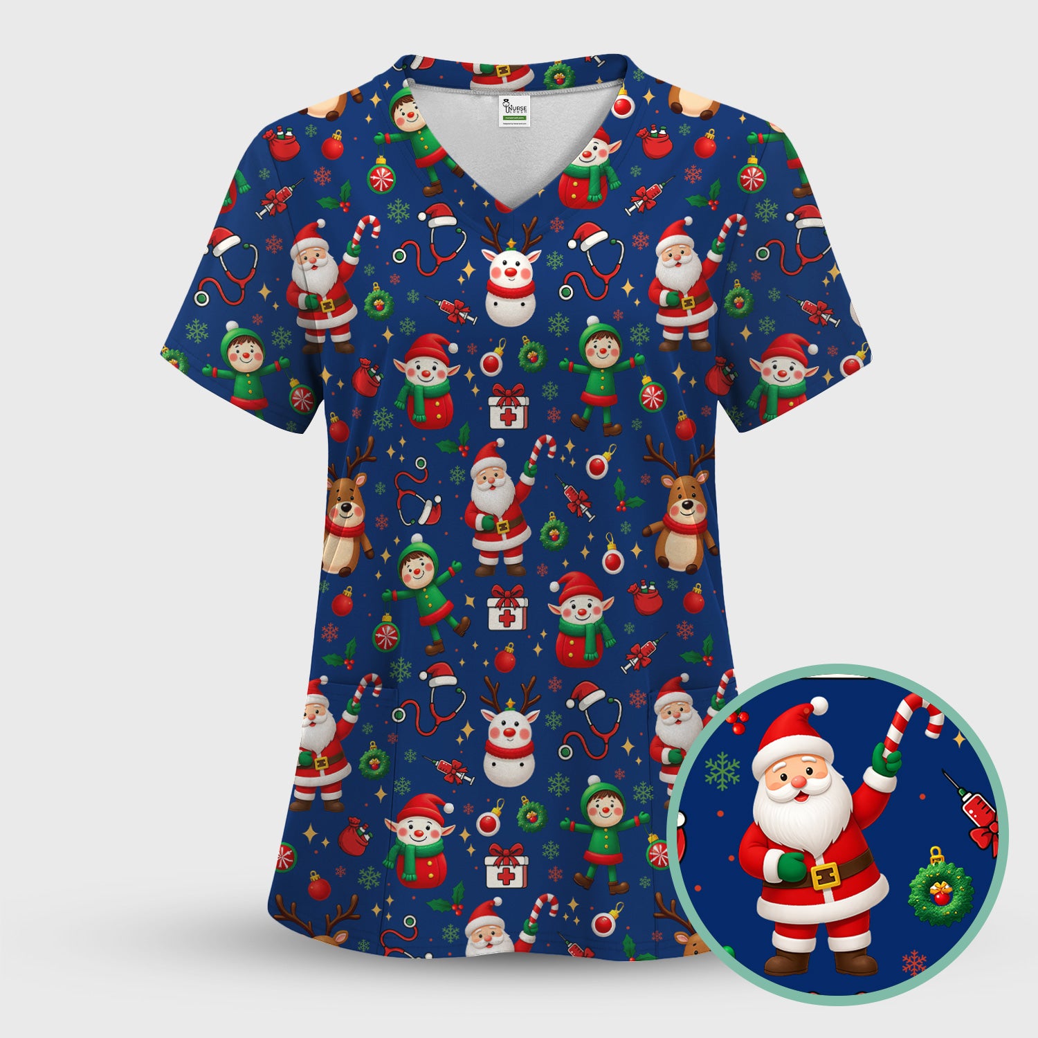 Christmas Comfortable Scrubs for Nurses - Cute Santa Reindeer Scrubs Pants and V Neck Top - Festive Holiday Med Uniform for Women