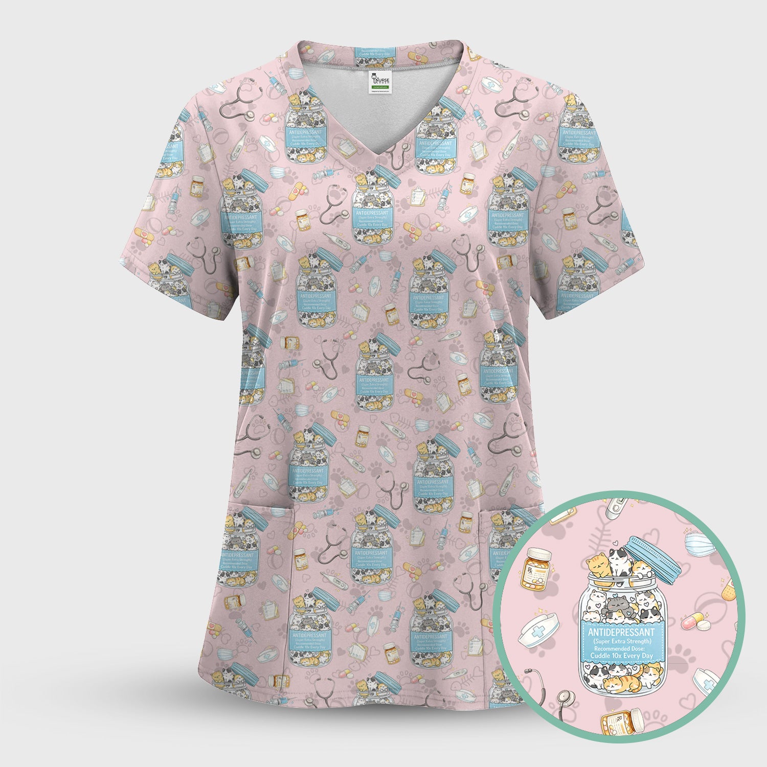 Cute Antidepressant Cat Jar Print Nurse Scrub Top, Breathable Fabrics Nursing Uniform