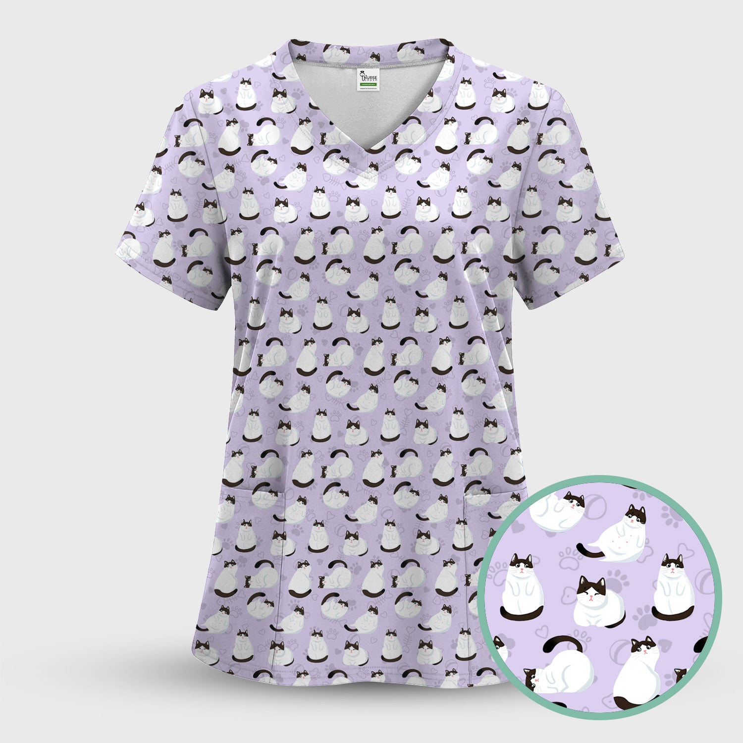 Cute Cat Pattern Medical Scrub Top, Breathable Fabrics Nursing Uniform