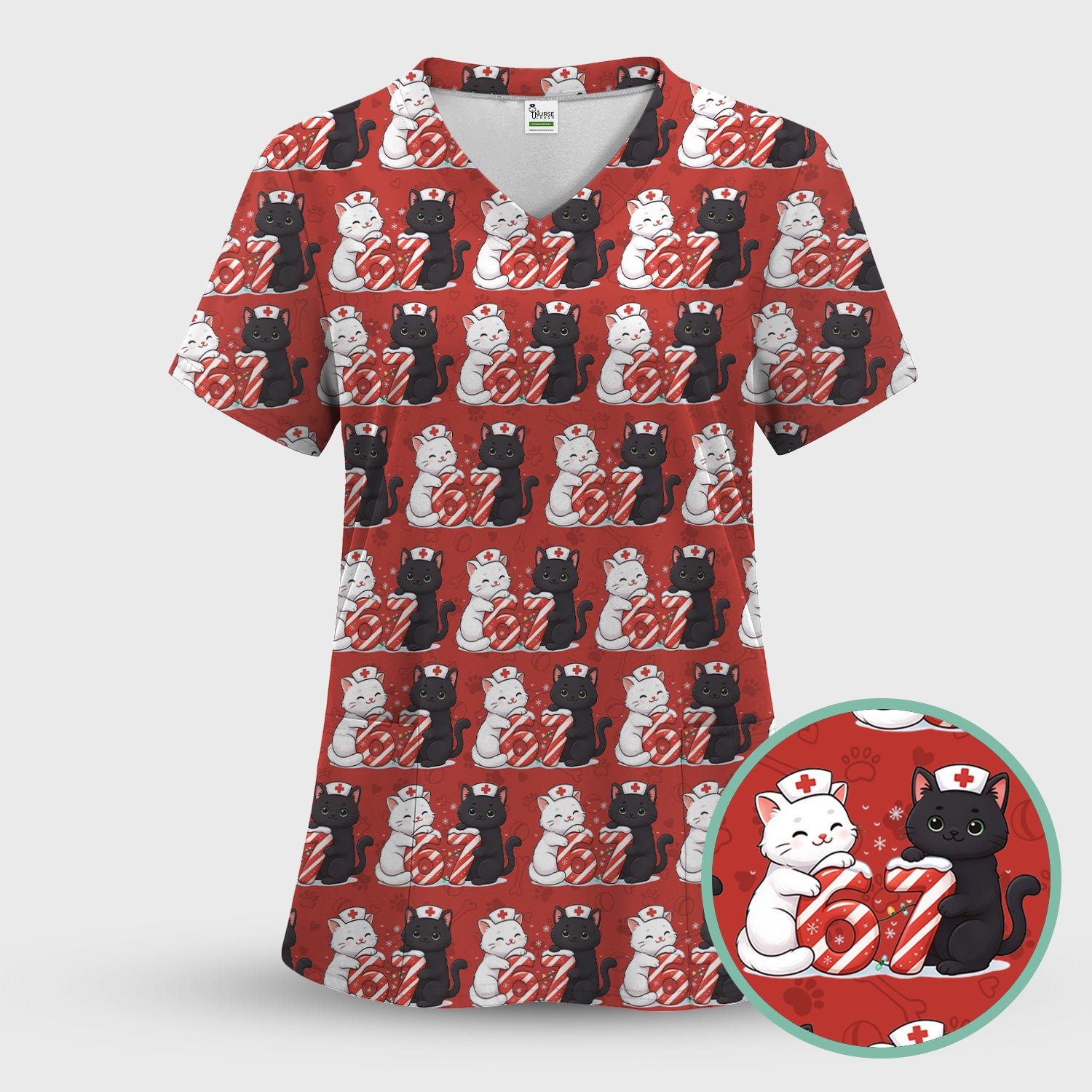 Xmas Cat Pattern Scrub Top, Christmas Nurse Six Seven With Cat Scrub Shirt, Breathable Fabrics Nursing Uniform