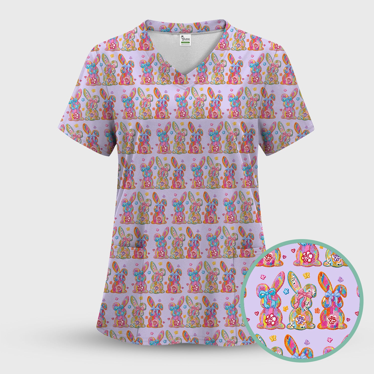 Cute Pastel Bunny Floral Pattern Scrub Top, Comfortable Scrubs for Nurses, Easter