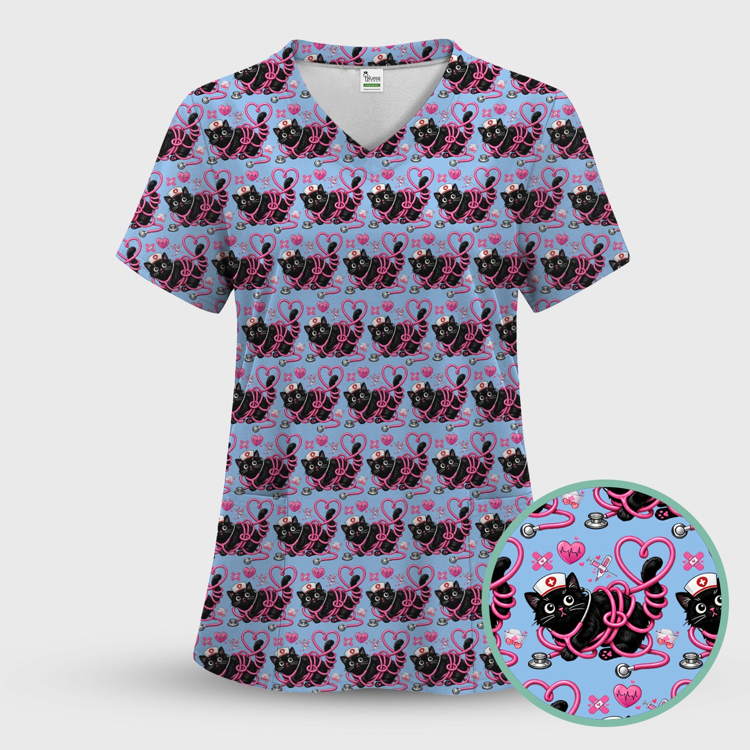 Valentine Cute Cat Nurse Heart Print Scrub Top, Comfortable Scrubs for Nurses