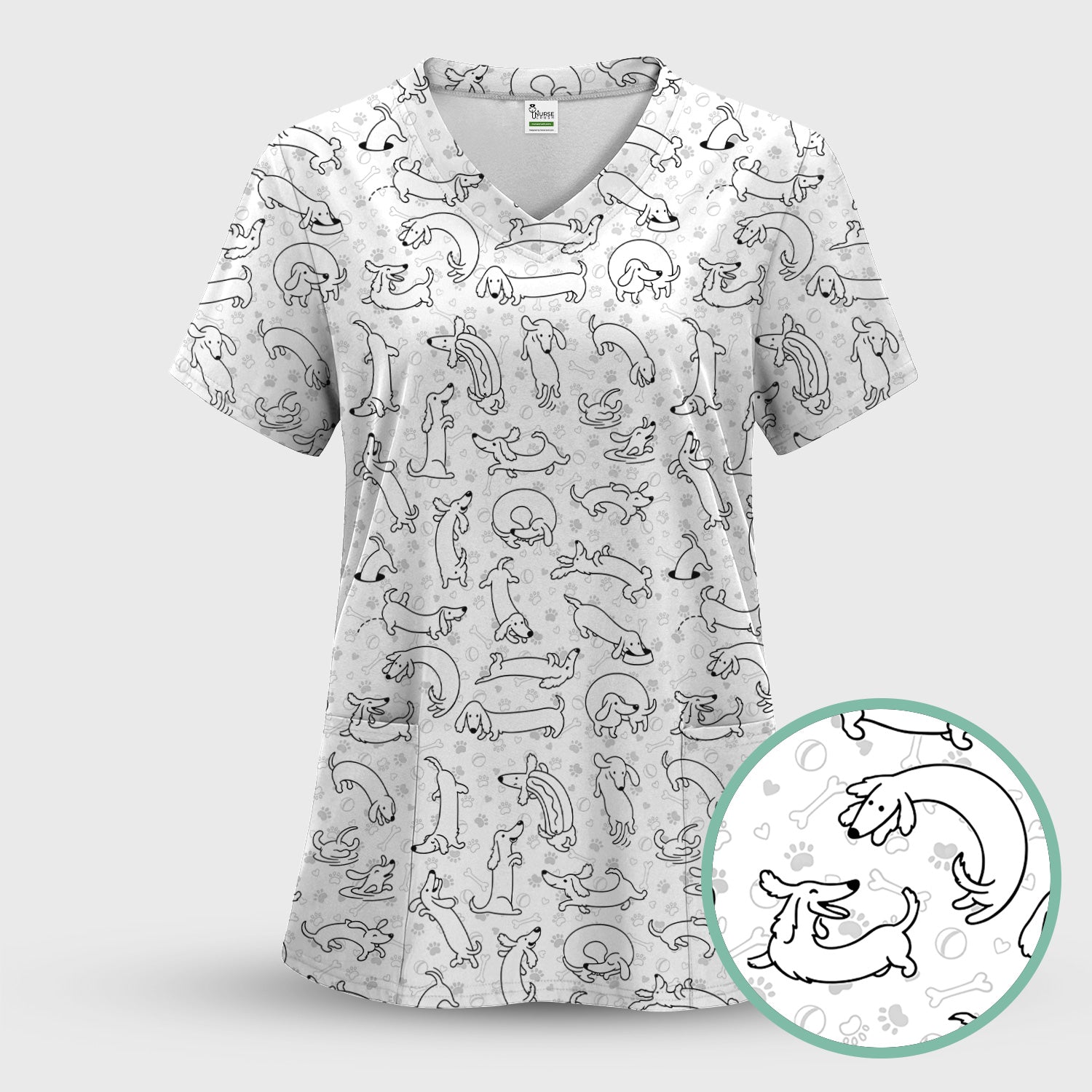 Playful Dachshund Dog Line Art Print Scrub Top, Comfortable Scrubs for Nurses