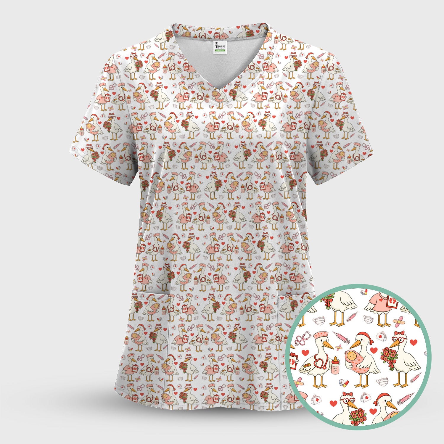 Cute Goose Nurse Valentine Pattern Scrub Top, Breathable Fabrics Nursing Uniform