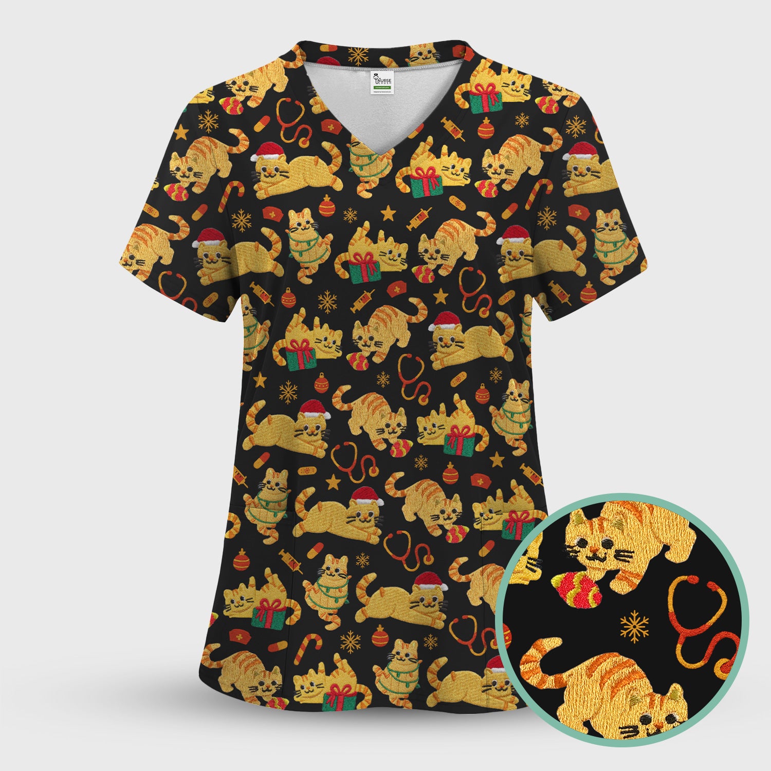 Christmas Cat Nurse Scrub Top, Cute Holiday Kitty Medical Uniform Shirt For Nursing