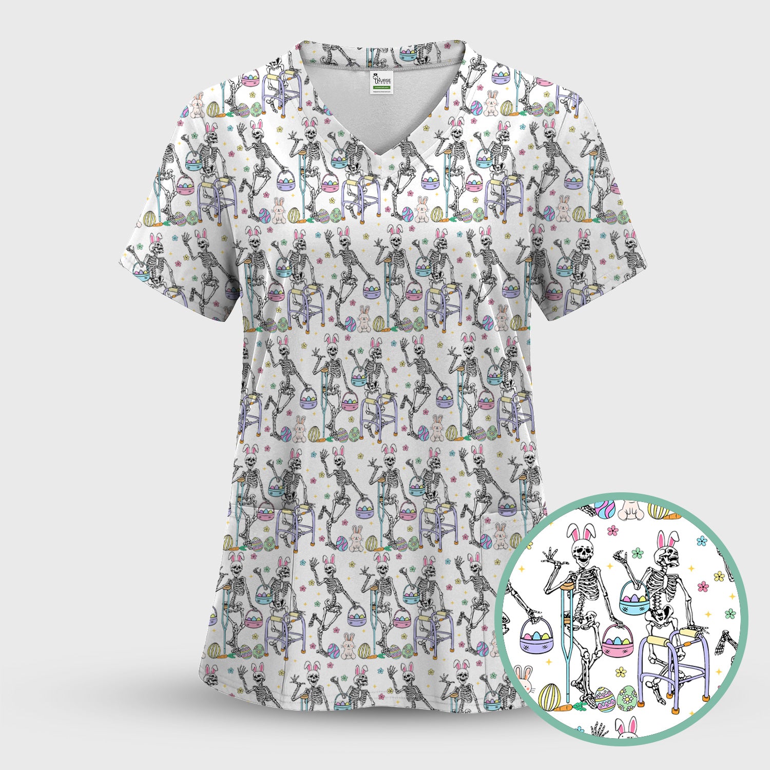 Fun Skeleton Bunny Easter Print Scrub Top, Comfortable Scrubs for Nurses