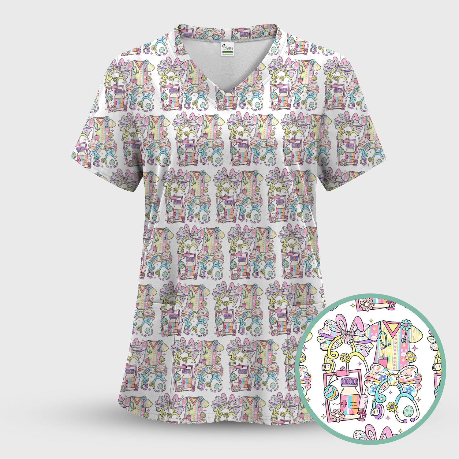 Colorful Nurse Scrub Supplies Pattern Scrub Top, Breathable Fabrics Nursing Uniform
