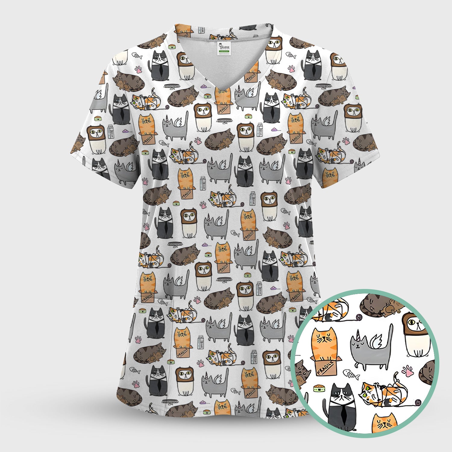 Lazy Cat Doodle Pattern Scrub Top, All Over Cozy Kitty Nursing Uniform for Women