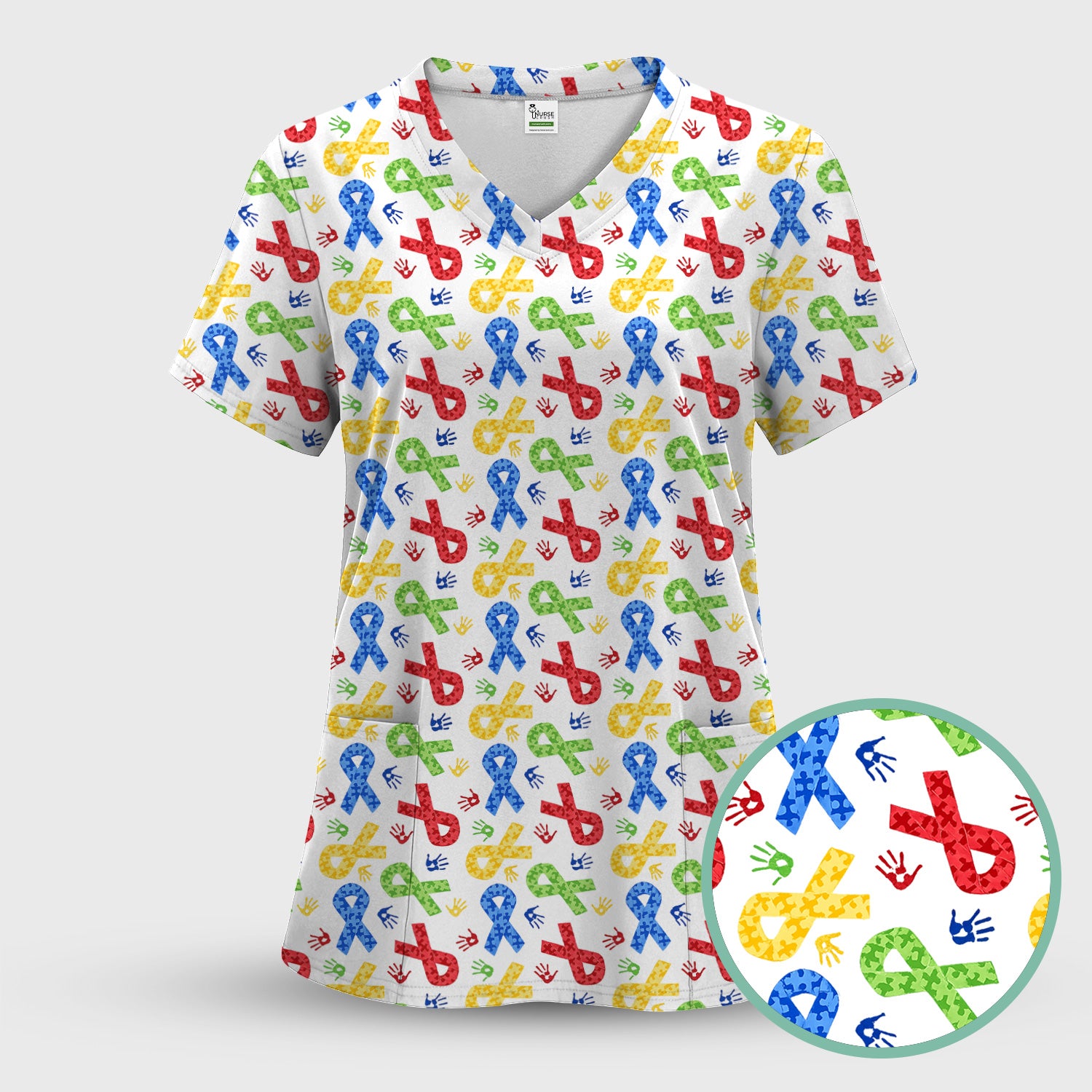 Multicolor Ribbon Pattern Print Scrub Top, Soft & Breathable Nurse Scrubs