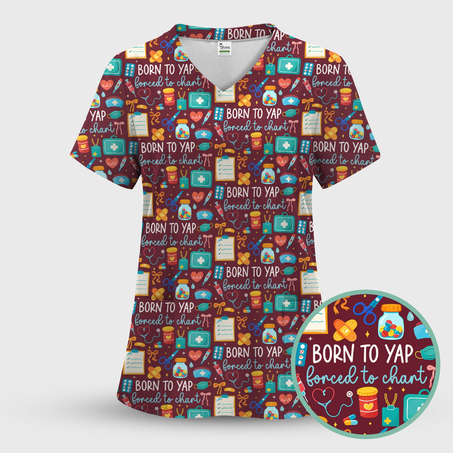 Born To Yap Medical Tools Pattern Scrub Top, Comfortable Scrubs for Nurses