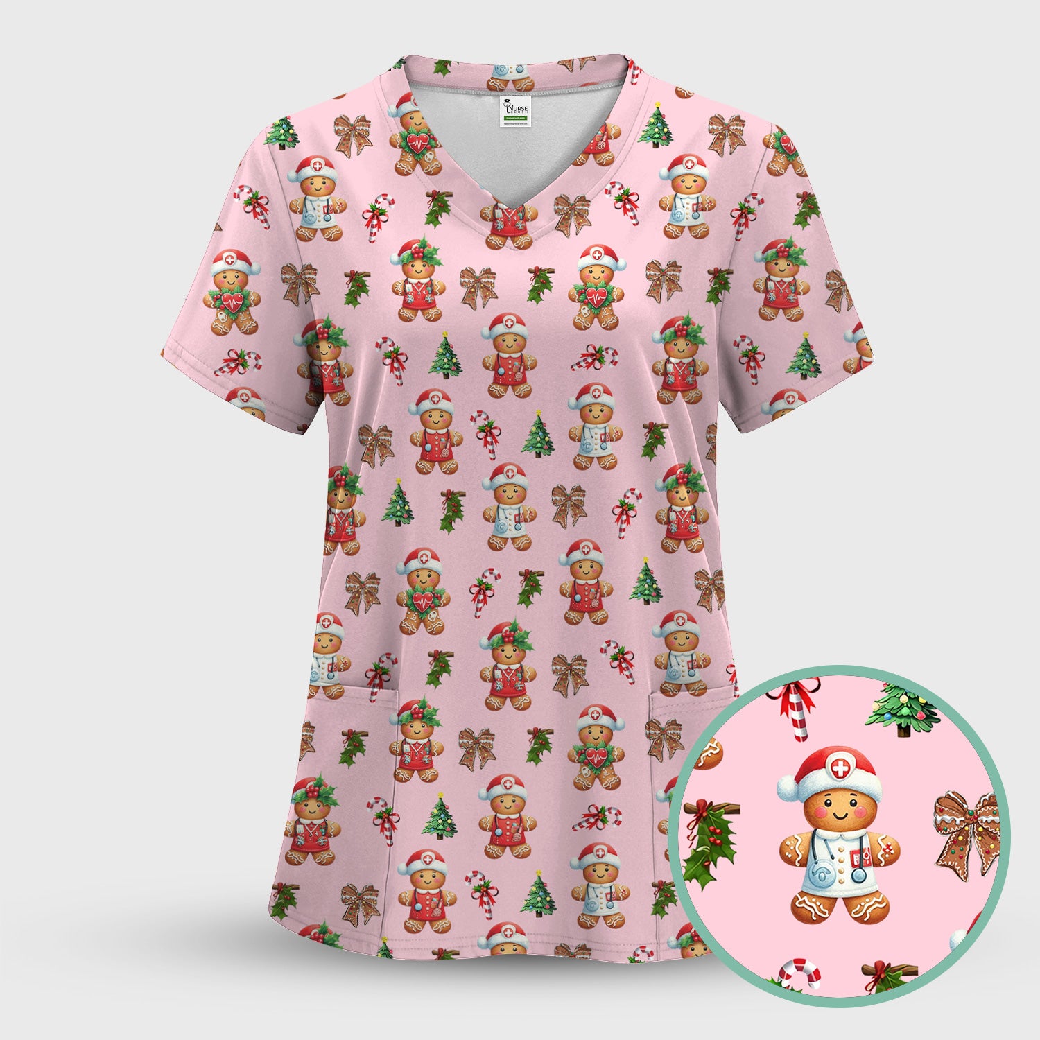 Funny Gingerbread Christmas Scrub Set - Cute Cookie with Bow Scrubs Pants and V Neck Top - Festive Holiday Gift for Women