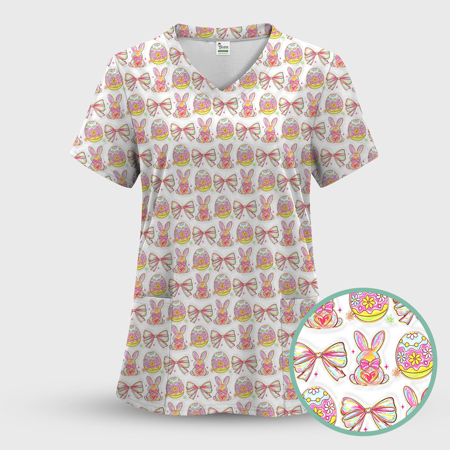 Easter Bunny Pastel Egg Bow Pattern Scrub Top, Breathable Fabrics Nursing Uniform
