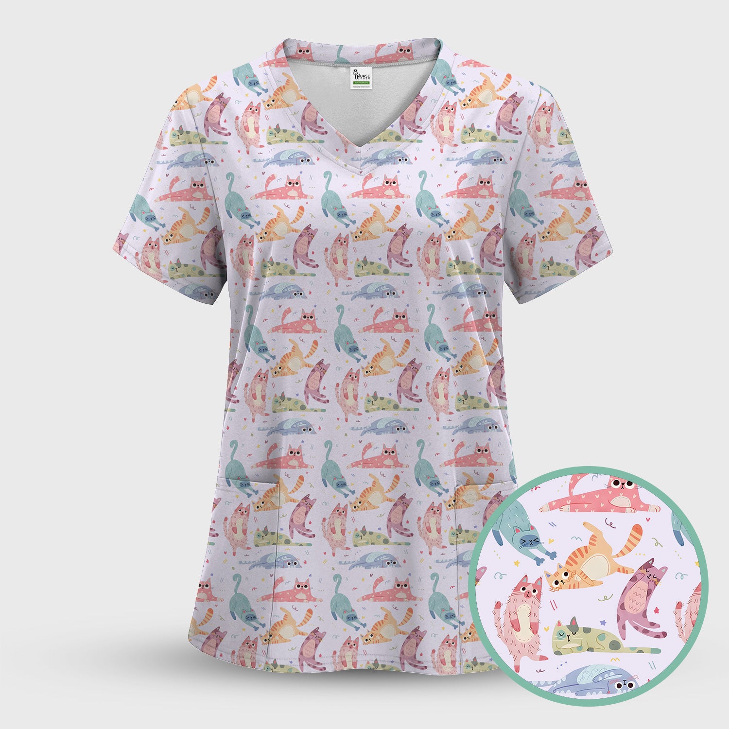 Funny Pastel Cat Pattern Medical Scrub Top, Breathable Fabrics Nursing Uniform