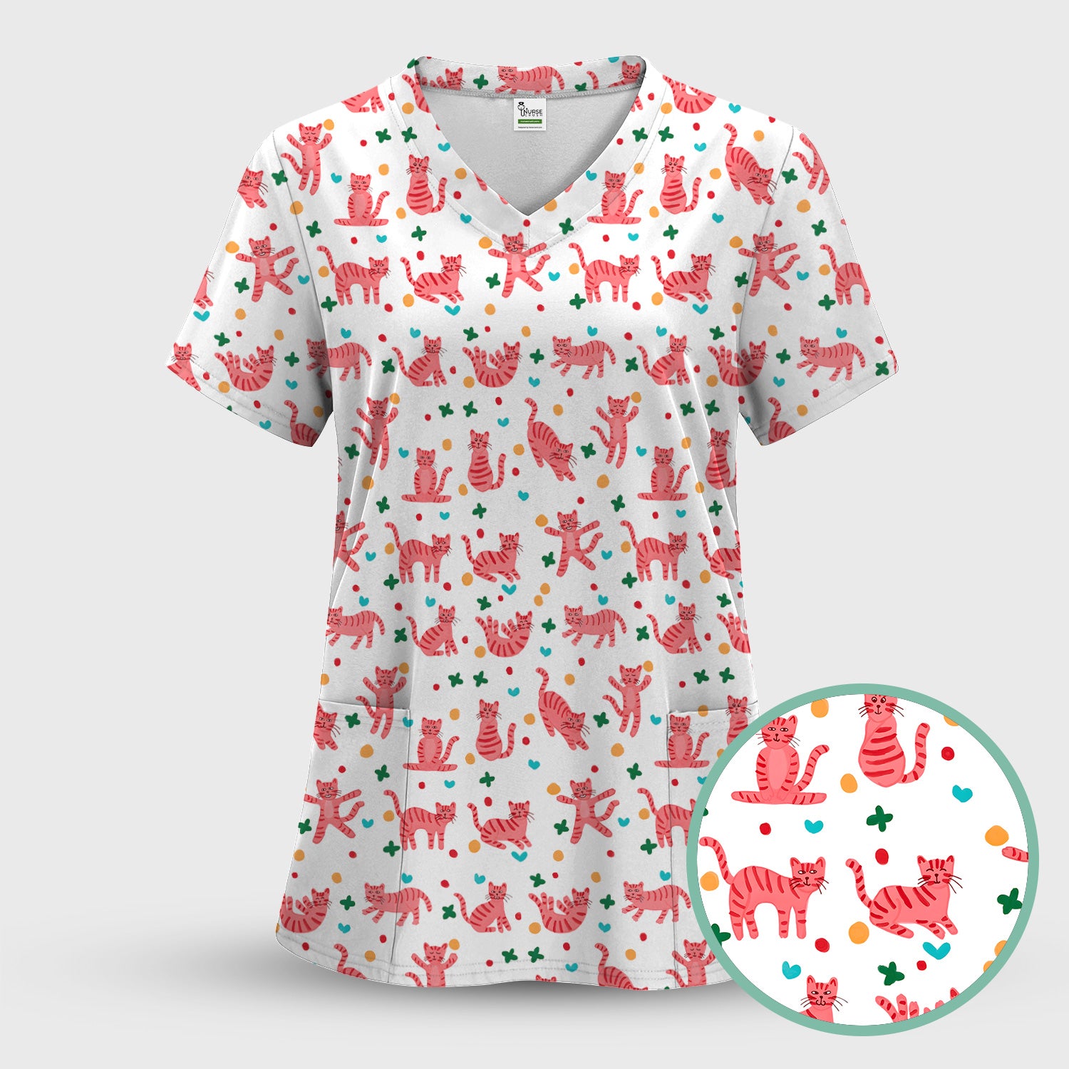 Cute Pink Cat Pattern Scrub Top, Comfortable Scrubs for Nurses