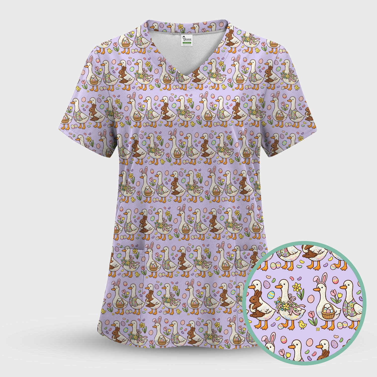 Easter Theme Duck and Bunny Egg Floral Print Scrub Top, Comfortable Scrubs for Nurses