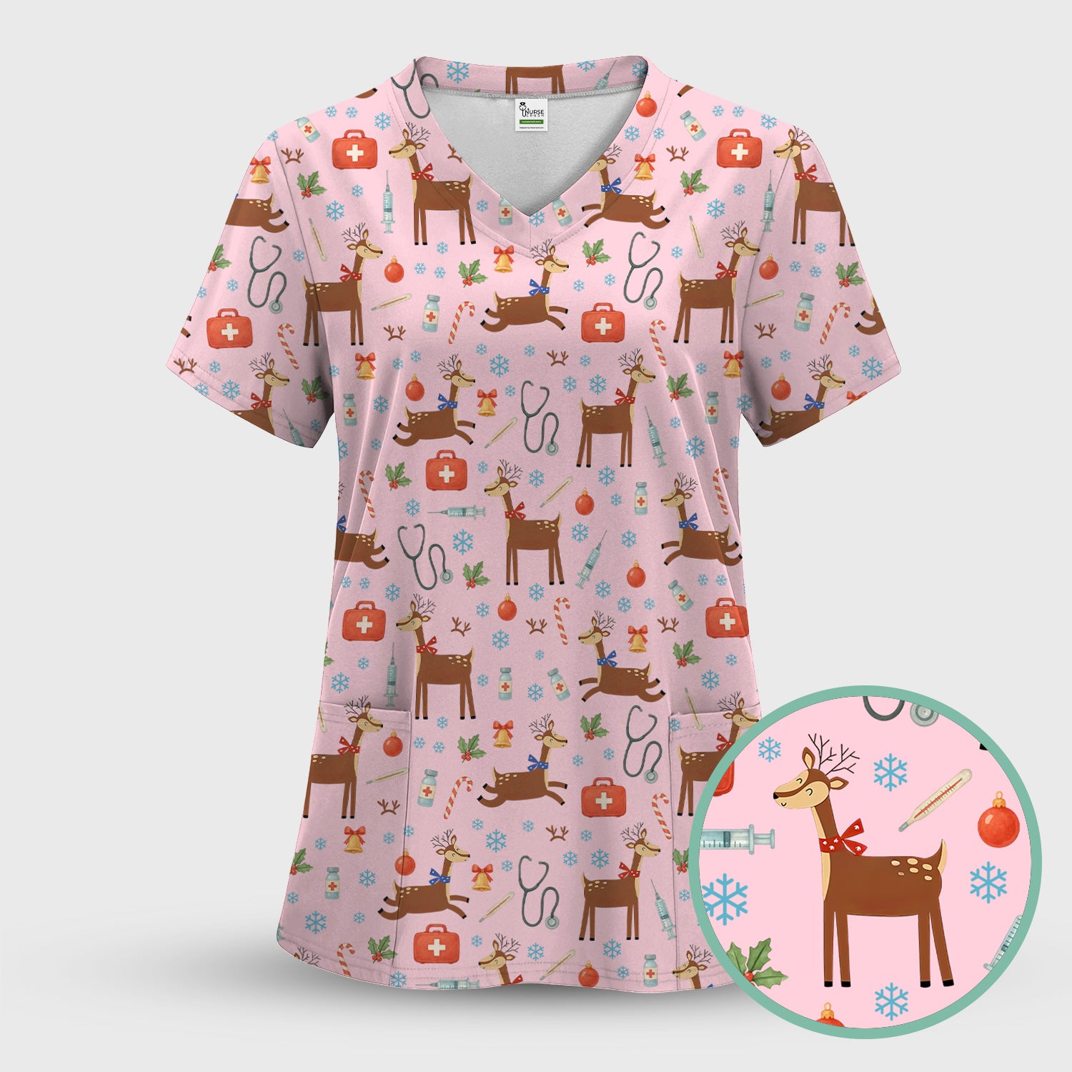 Reindeer Christmas Scrub Set - Snowflakes Candy Canes Holiday Scrubs Pants and V Neck Top - Xmas Gift for Women RN CNA LPN