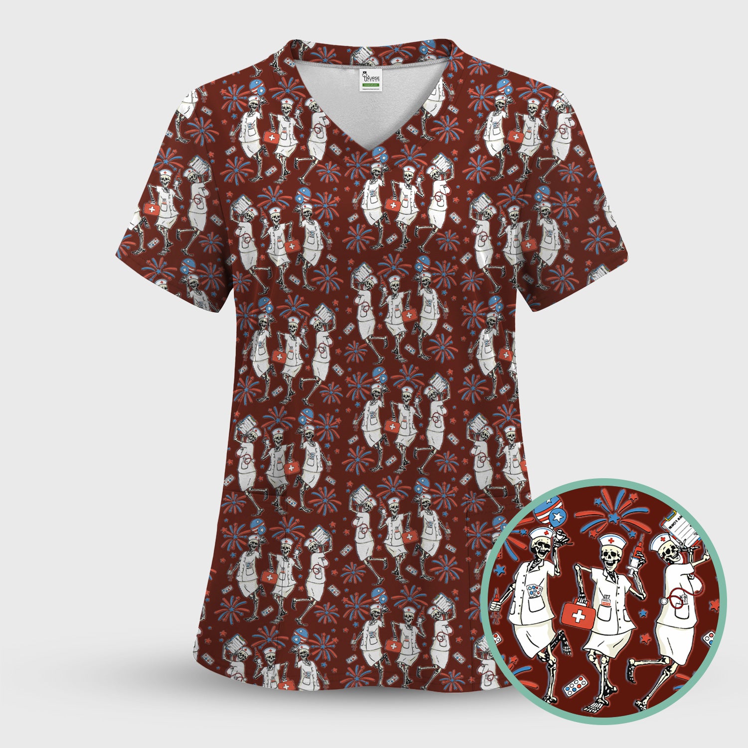 Funny Skeleton Nurse Patriotic Print Scrub Set, Scrub Pants and V Neck Top