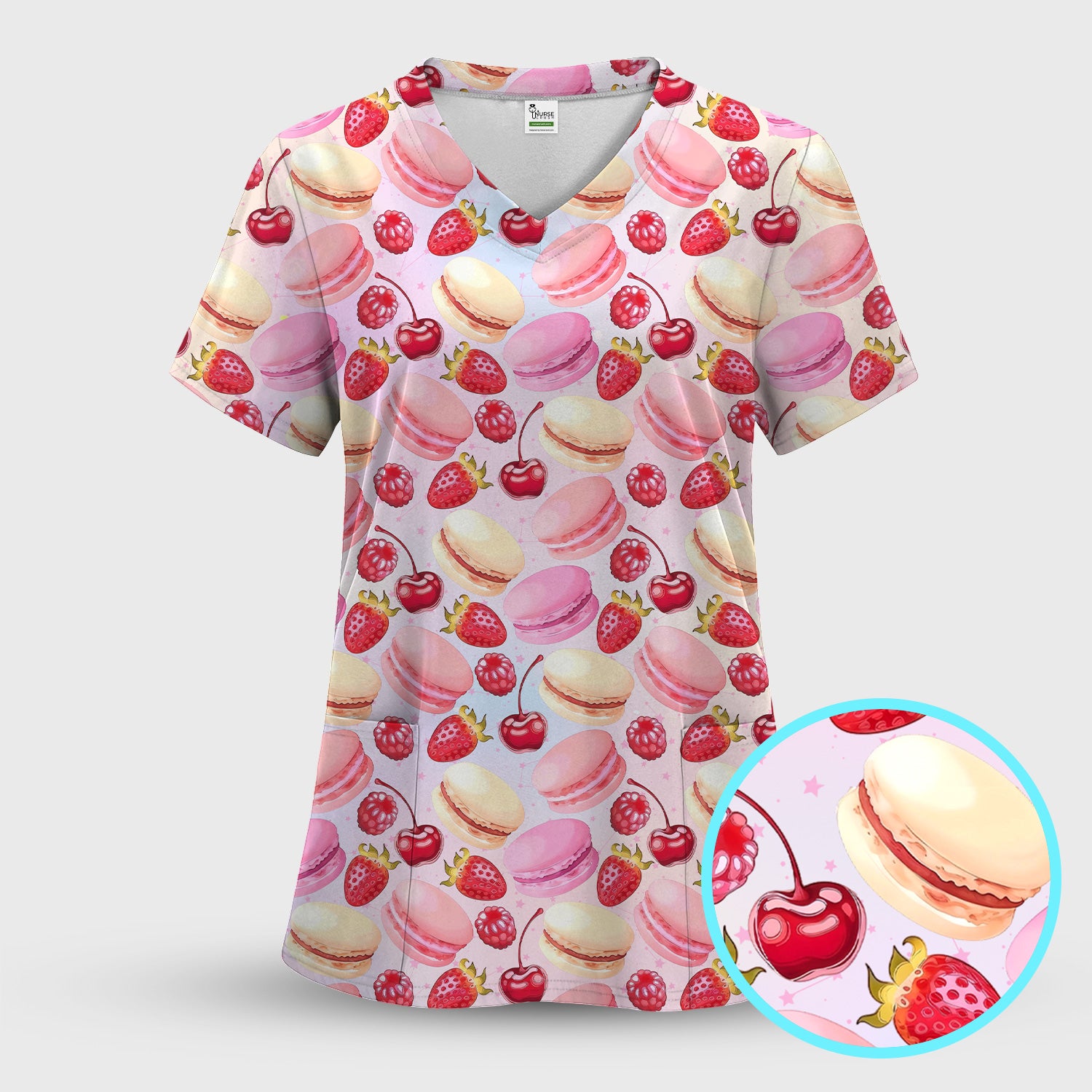Sweet Dessert Pattern Scrub Set, Scrub Pants and V Neck Top
