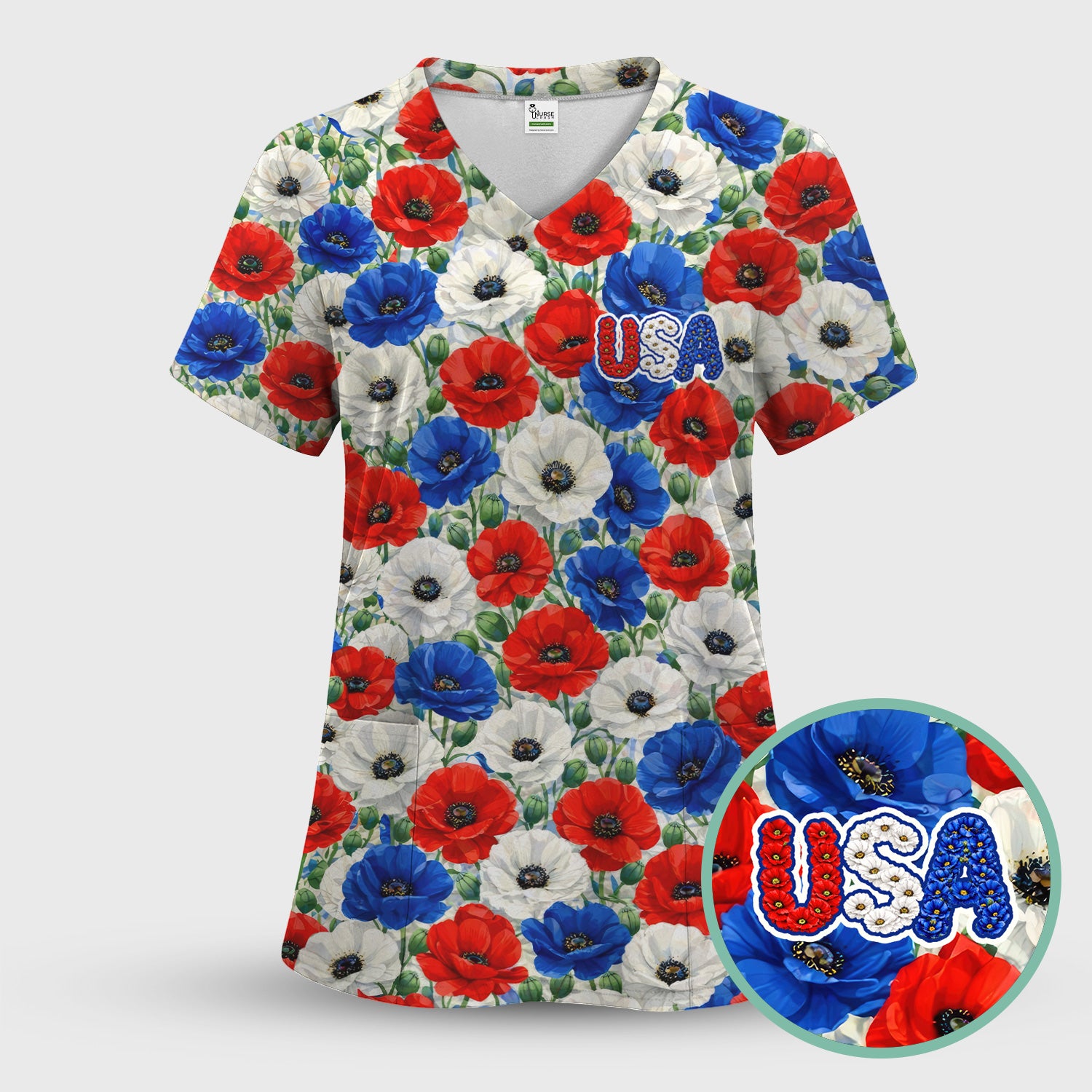 Festive Patriotic Red Blue Poppy Floral Pattern Scrub Set, Scrub Pants and V Neck Top