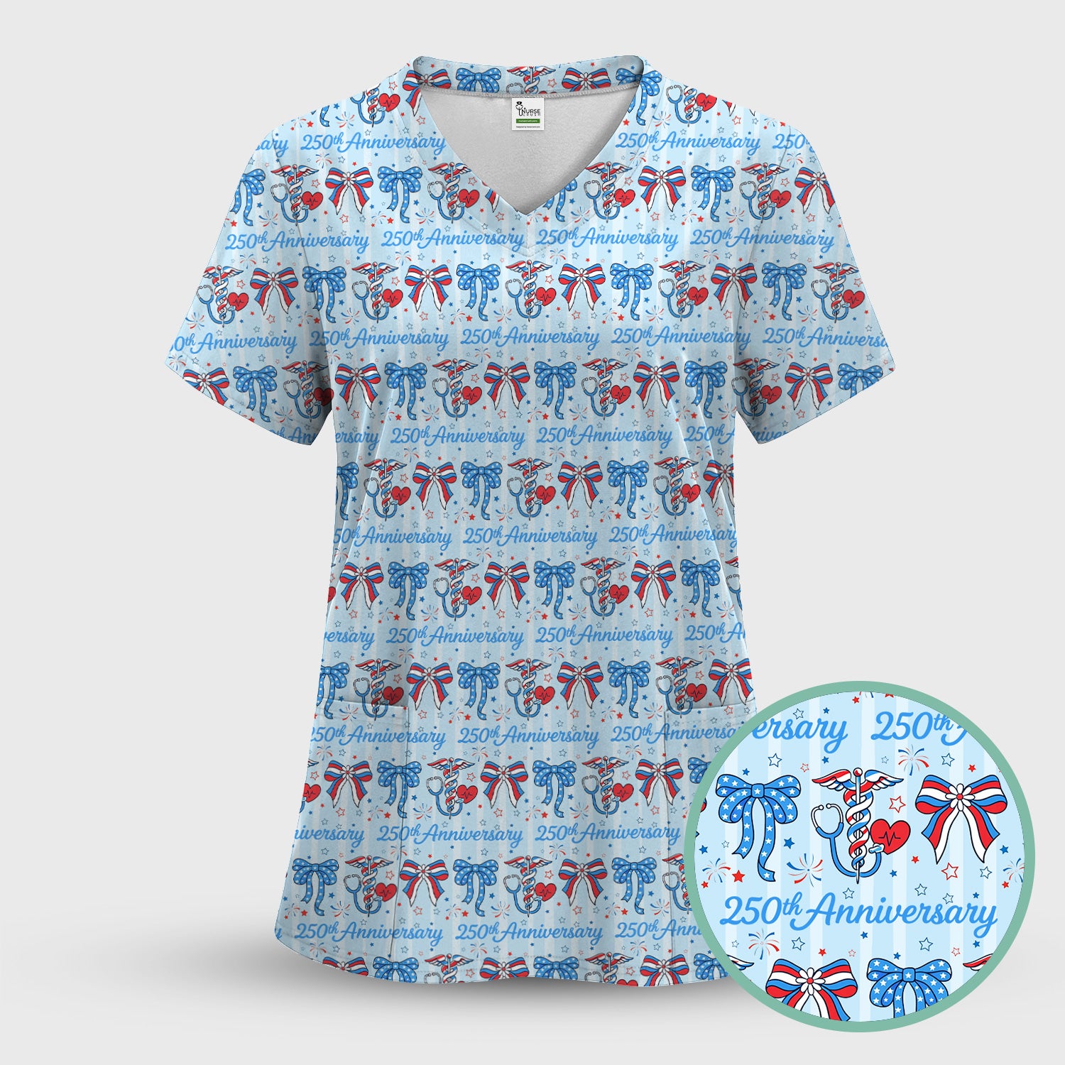 Festive 250th Anniversary Nurse Ribbon Heart Pattern Scrub Top, Comfortable Scrubs for Nurses