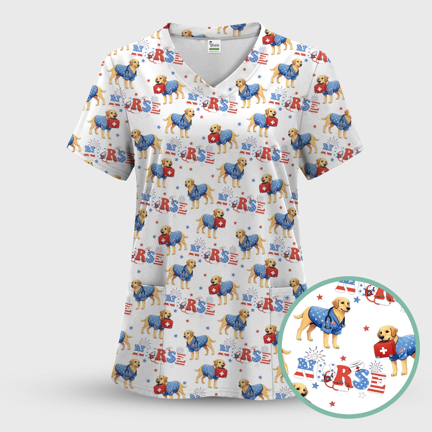 Patriotic Nurse Dog Medical Pattern Pattern Scrub Set, Women's Scrub Sets