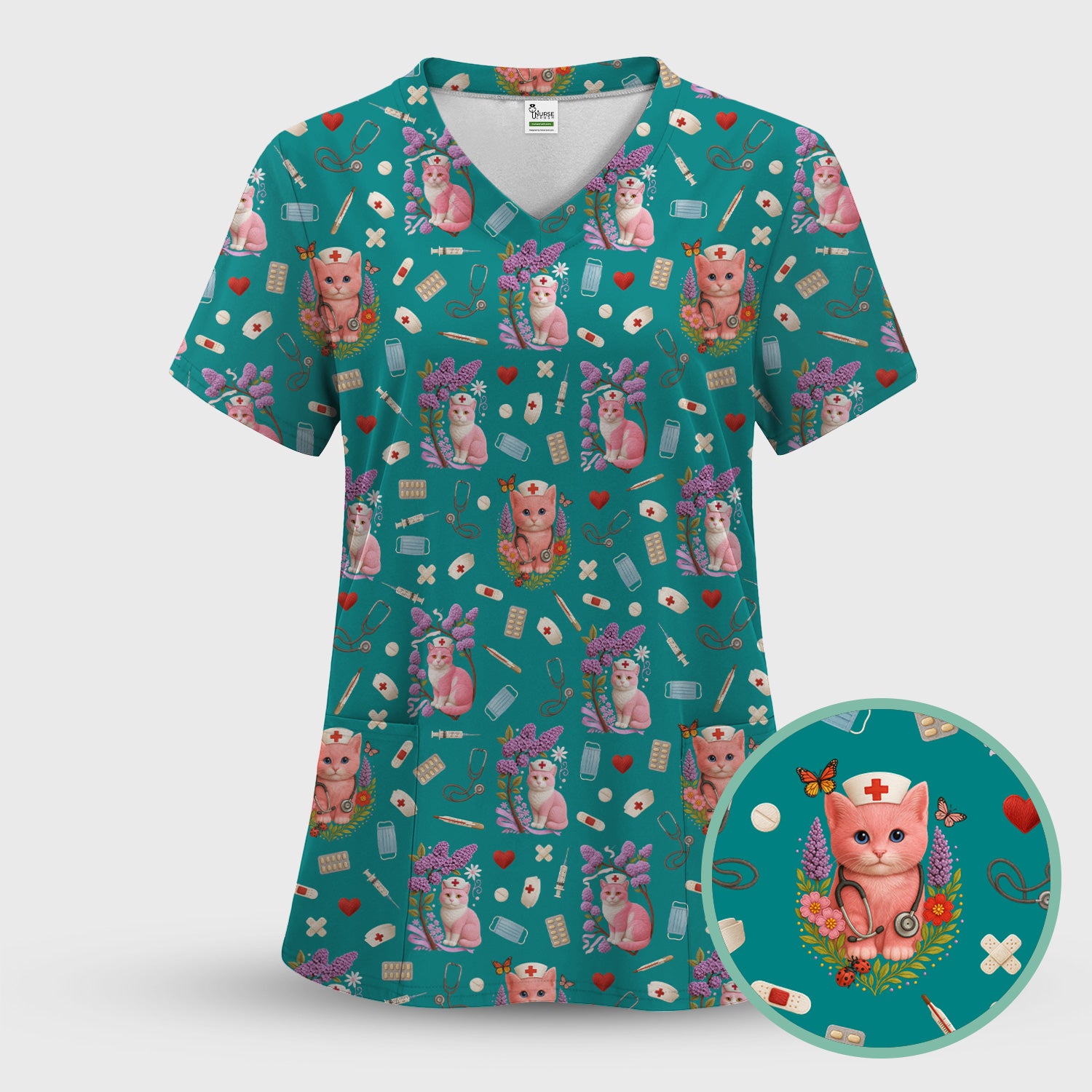 Pink Cat Print Medical Scrub Top - Cute Nurse Shirt for Women - Funny Pattern Gift for RN LPN CNA Healthcare Workers