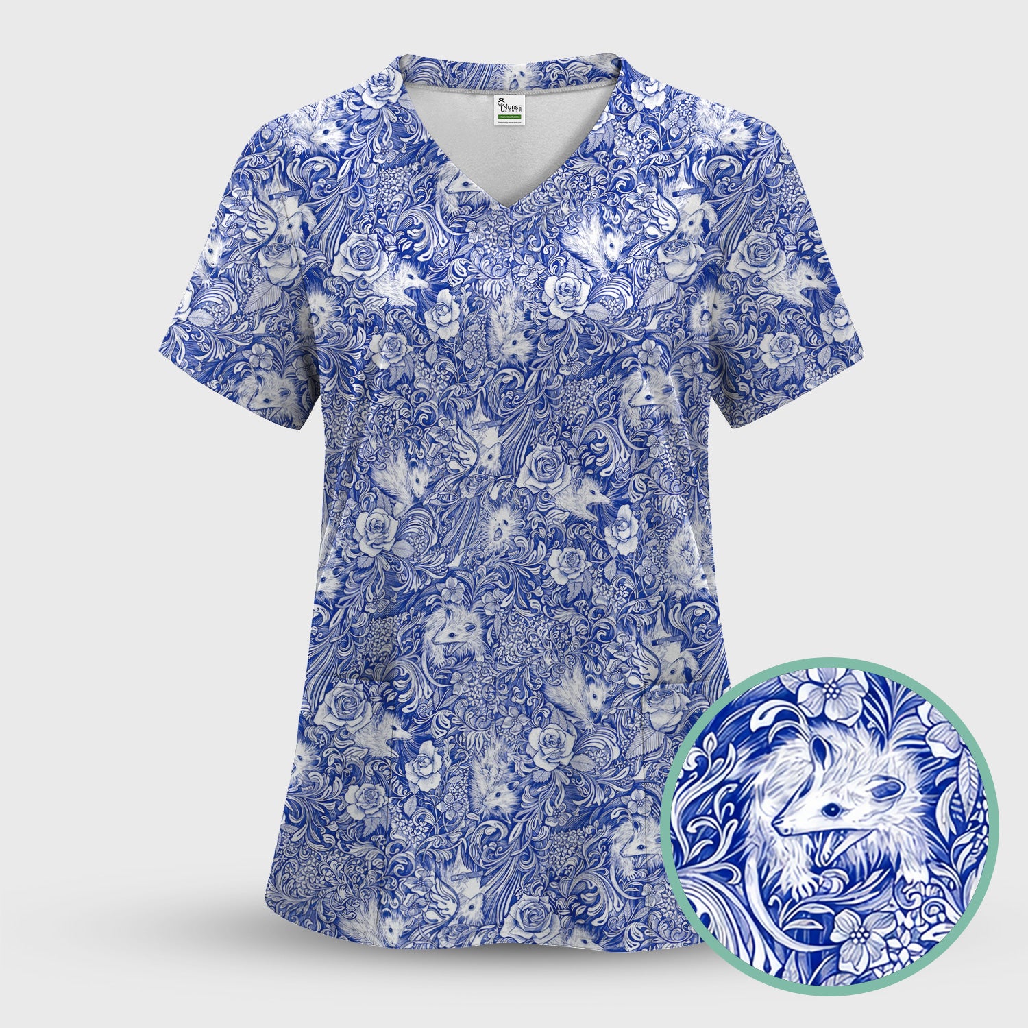 Blue Toile Opossum Floral Pattern Scrub Top, Comfortable Scrubs for Nurses