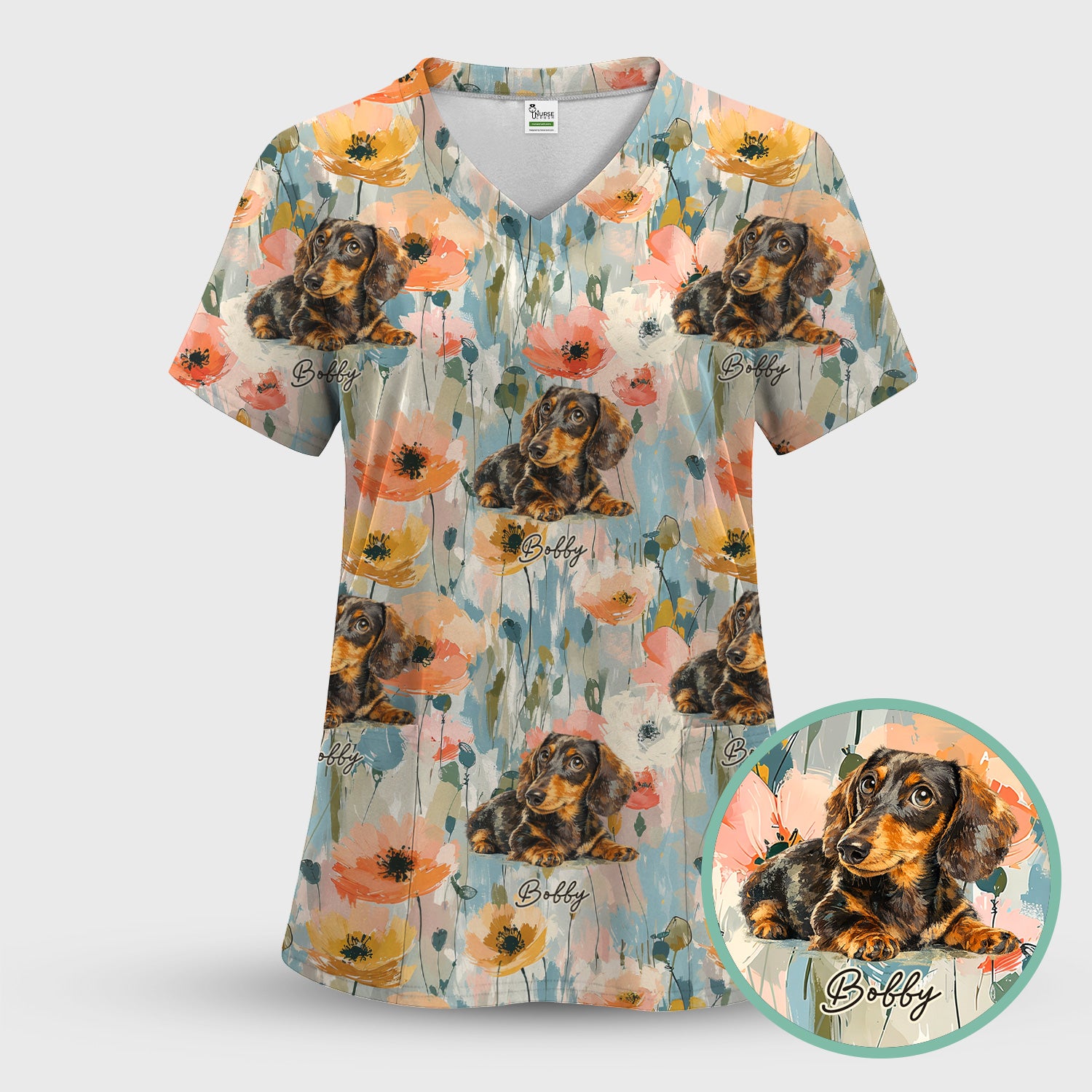 Personalized Dachshund Floral Portrait Pattern Scrub Top, Comfortable Scrubs for Nurses