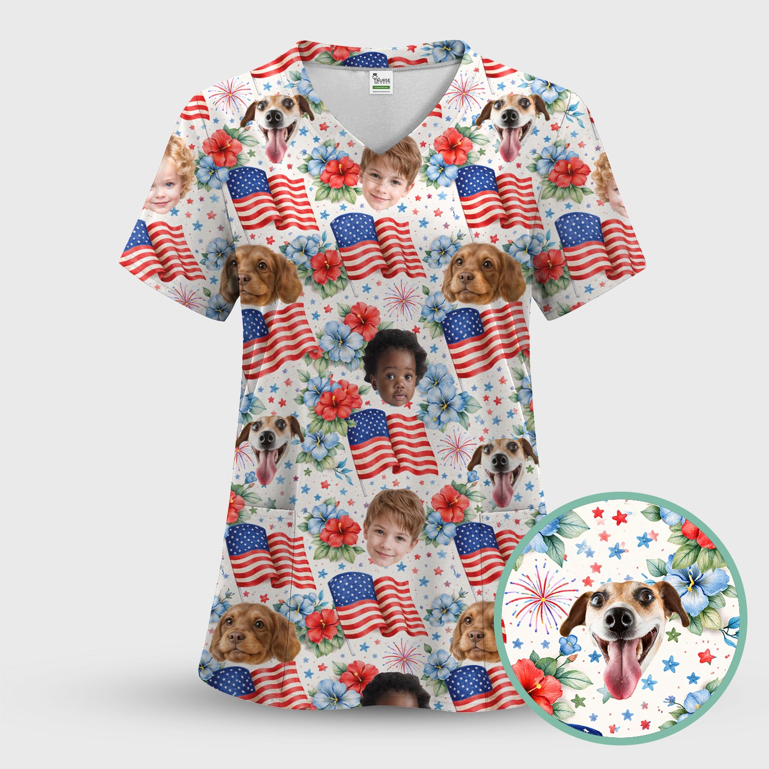 Custom Photo Patriotic Kids & Pet Faces Flag Nurse Scrub Set, Scrub Pants and V Neck Top