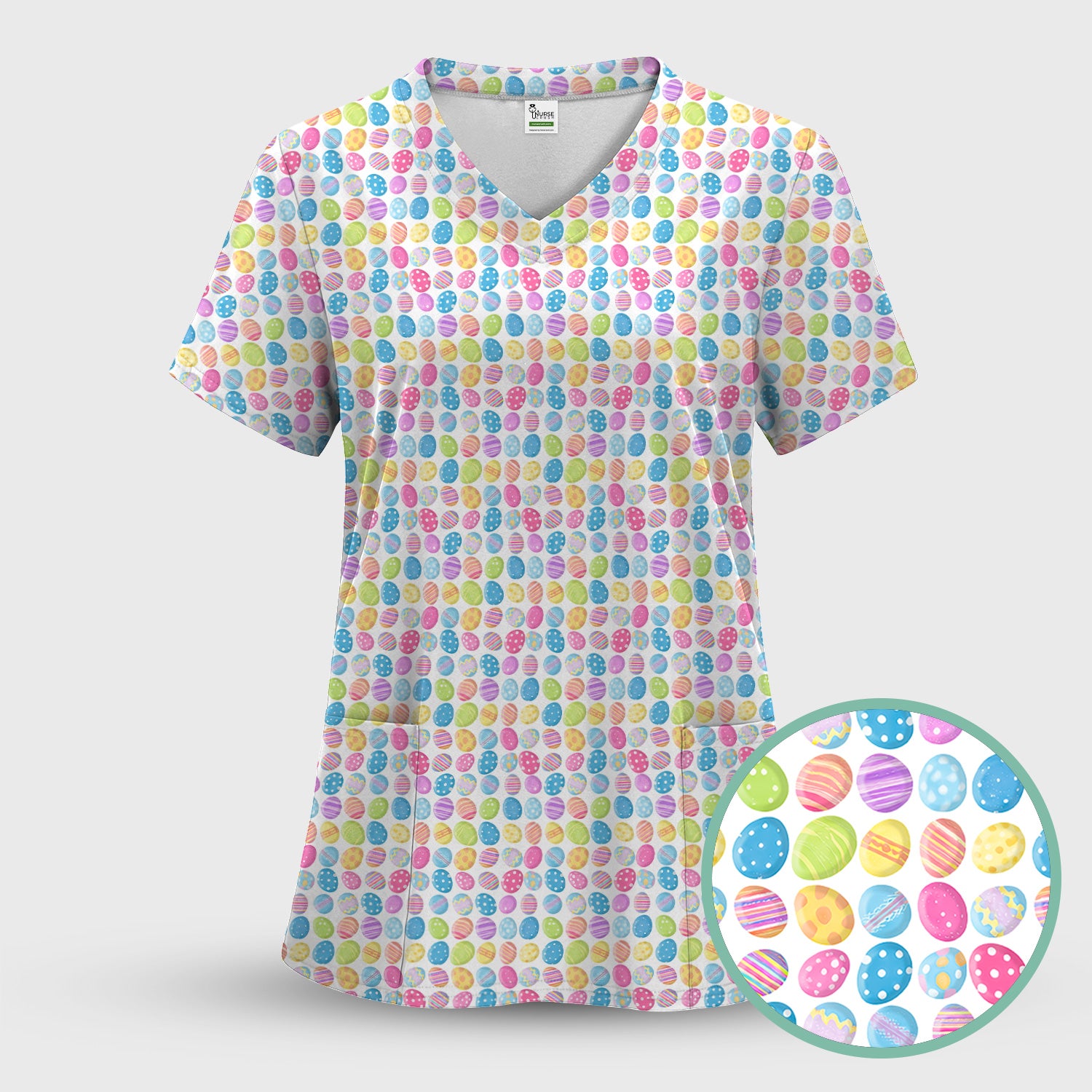 Colorful Easter Eggs Pattern Scrub Top, Comfortable Scrubs for Nurses