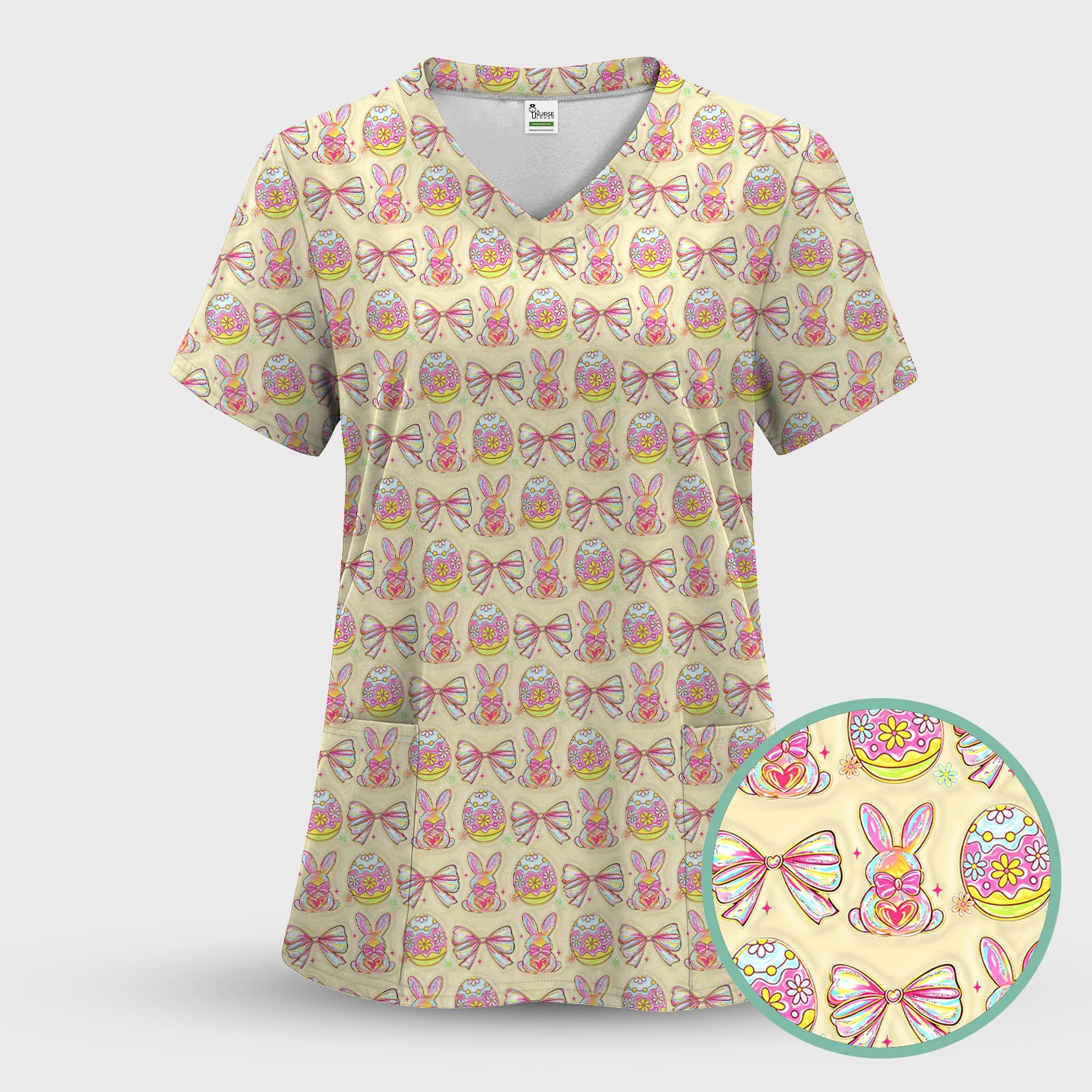 Easter Bunny Pastel Egg Bow Pattern Scrub Top, Breathable Fabrics Nursing Uniform