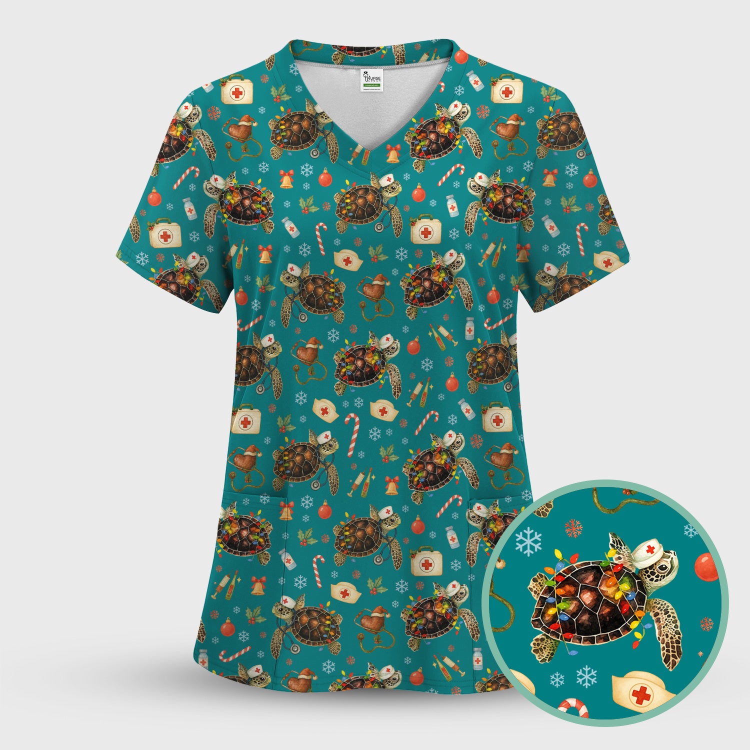 Funny Christmas Scrub Top - Sea Turtle with Xmas Lights Shirt - Holiday Nurse Scrubs for Women