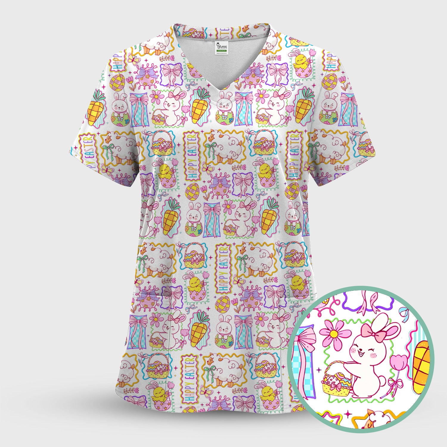 Cute Easter Bunny Egg and Bow Print Scrub Top, Breathable Fabrics Nursing Uniform