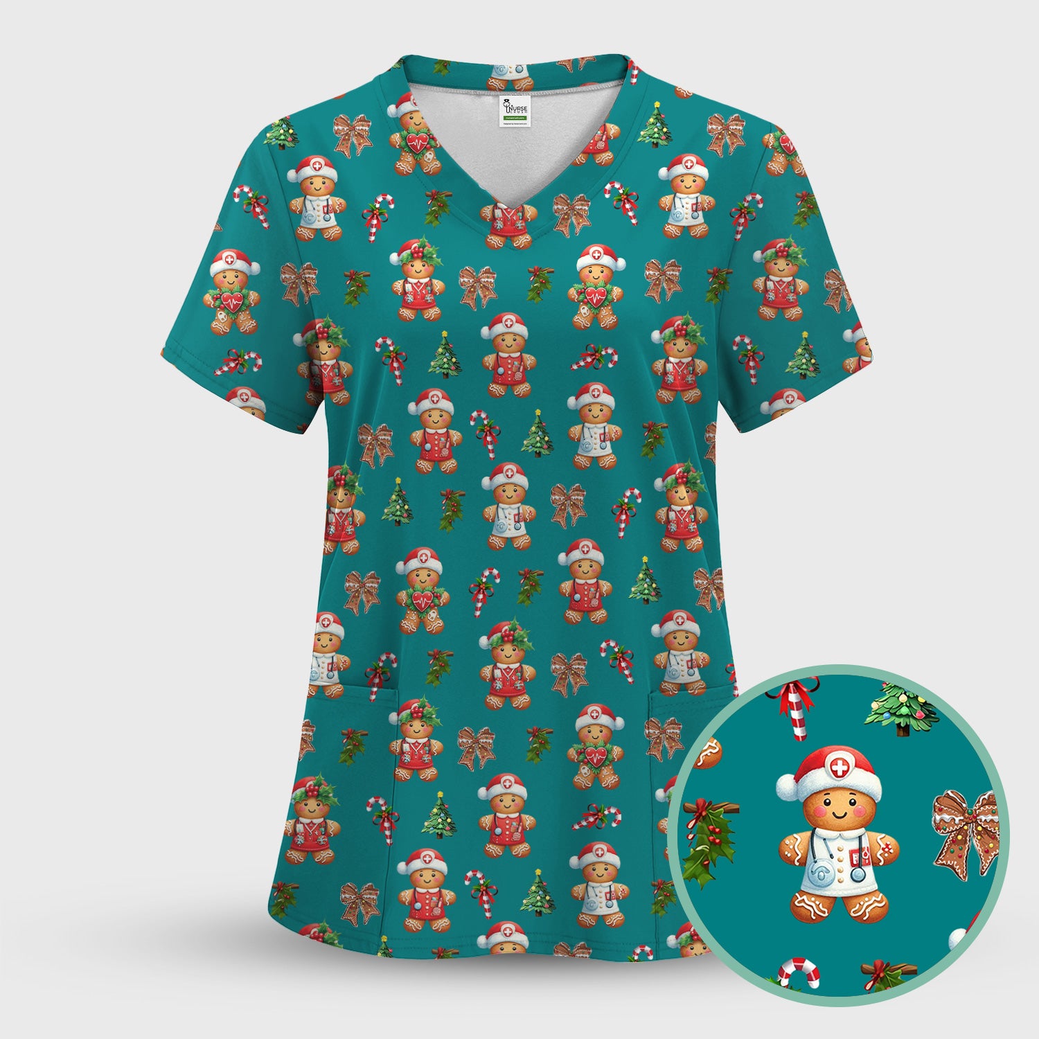 Funny Christmas Scrub Top for Nurse - Adorable Gingerbread Candy Cane Bow- Festive Medical Uniform for Women