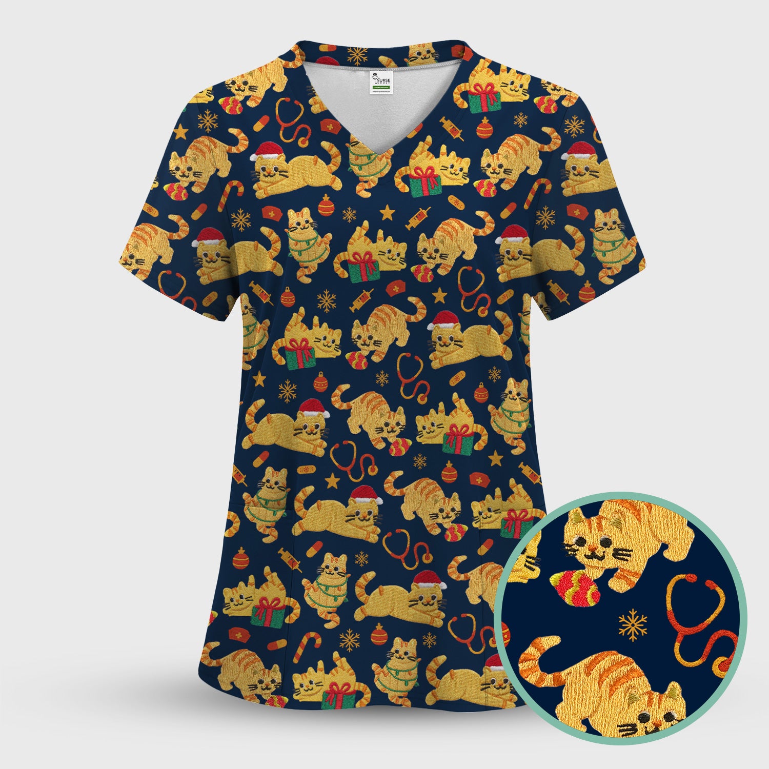 Christmas Cat Nurse Scrub Top, Cute Holiday Kitty Medical Uniform Shirt For Nursing