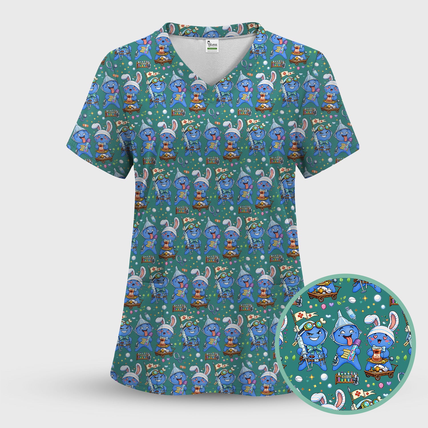 Cute Glove Doll Hospital Medical Cartoon Nurse Pattern Scrub Set, Women's Scrub Sets