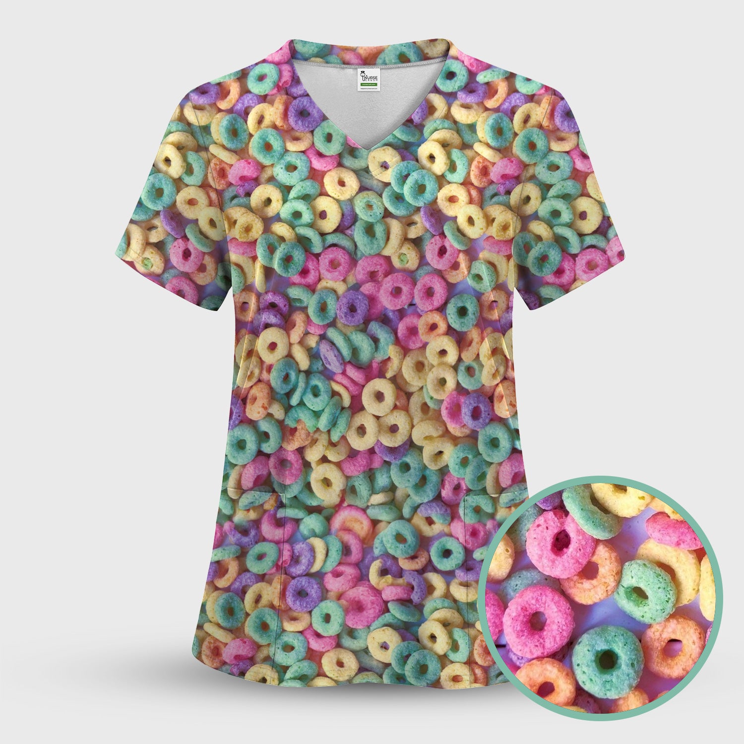 Colorful Cereal Loops Pattern Scrub Top, Comfortable Scrubs for Nurses