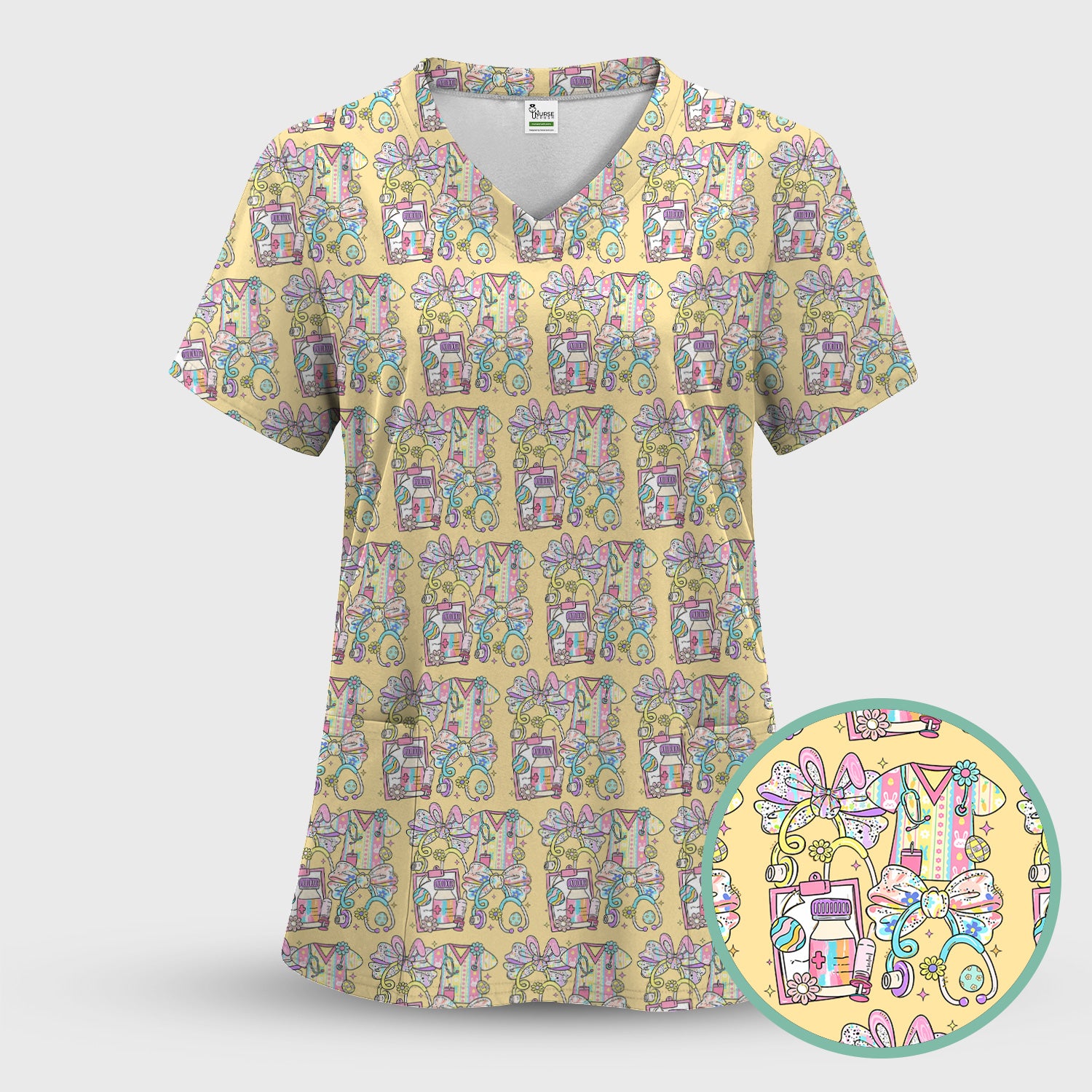 Colorful Nurse Scrub Supplies Pattern Scrub Top, Breathable Fabrics Nursing Uniform