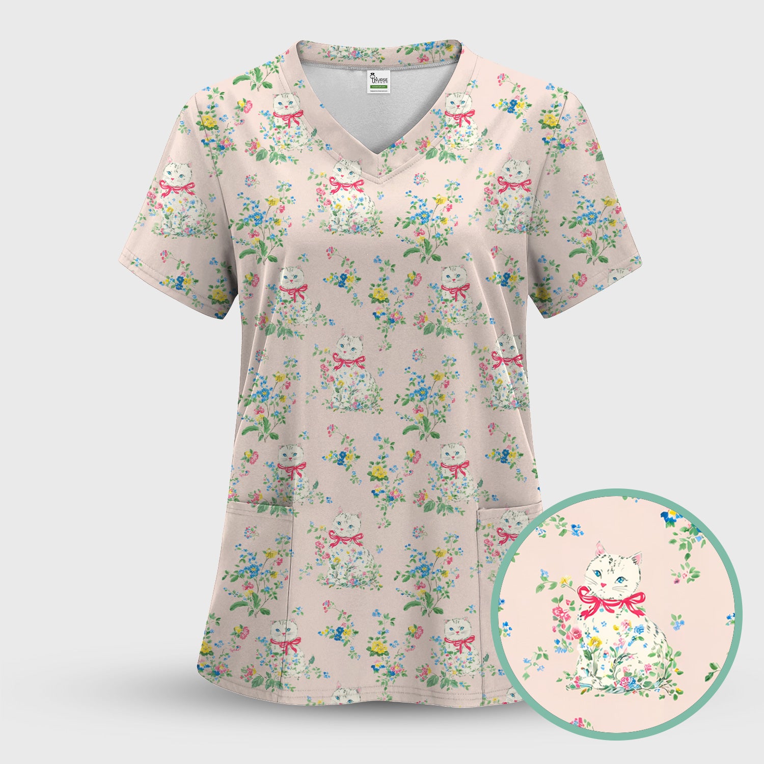 Vintage Floral Cat Print Scrub Top, Comfortable Scrubs for Nurses