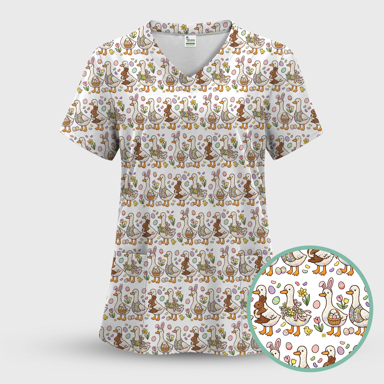 Easter Theme Duck and Bunny Egg Floral Print Scrub Top, Comfortable Scrubs for Nurses