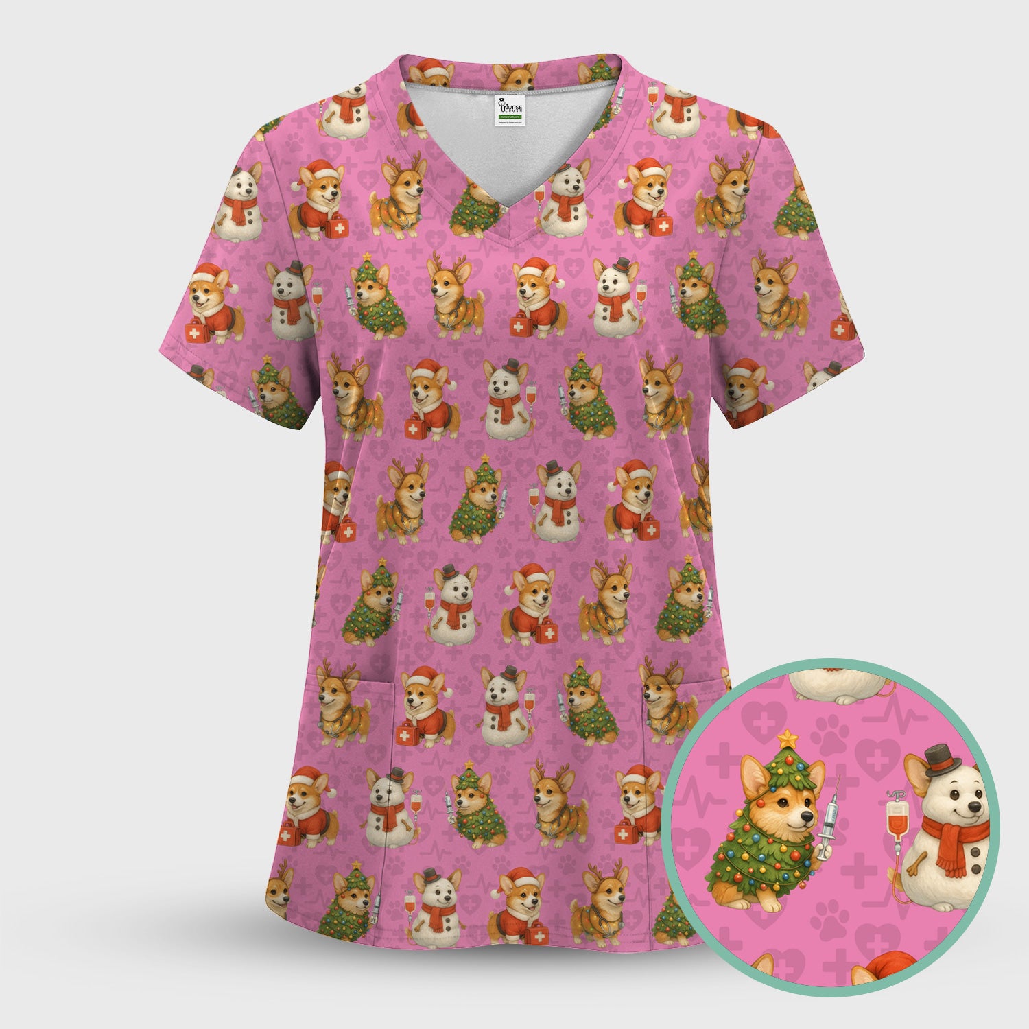 Christmas Scrubs for Women - Cute Corgi Pattern Scrub Top for Nurses - Holiday Corgi Christmas Scrubs Gift Idea